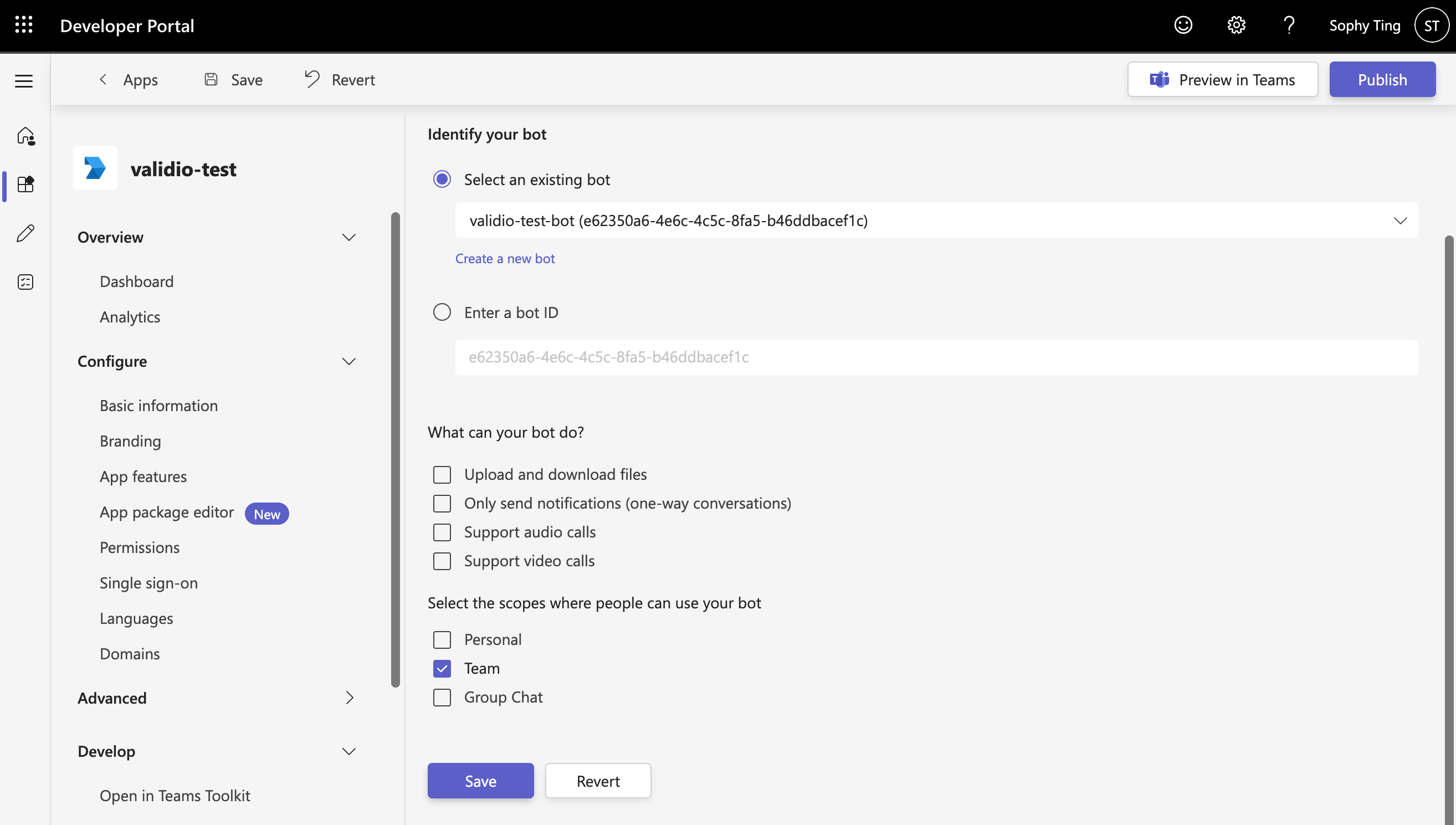 The App Features Bot page showing the Validio bot selected and its scopes