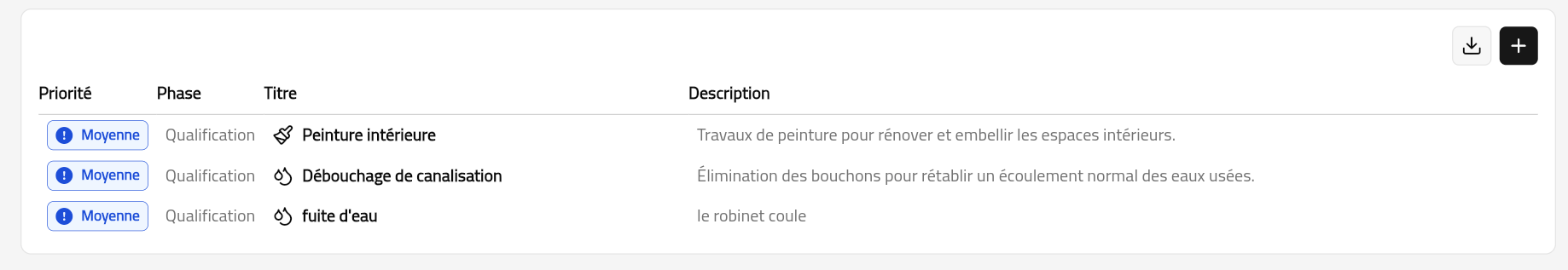 Liste des interventions avec filtres