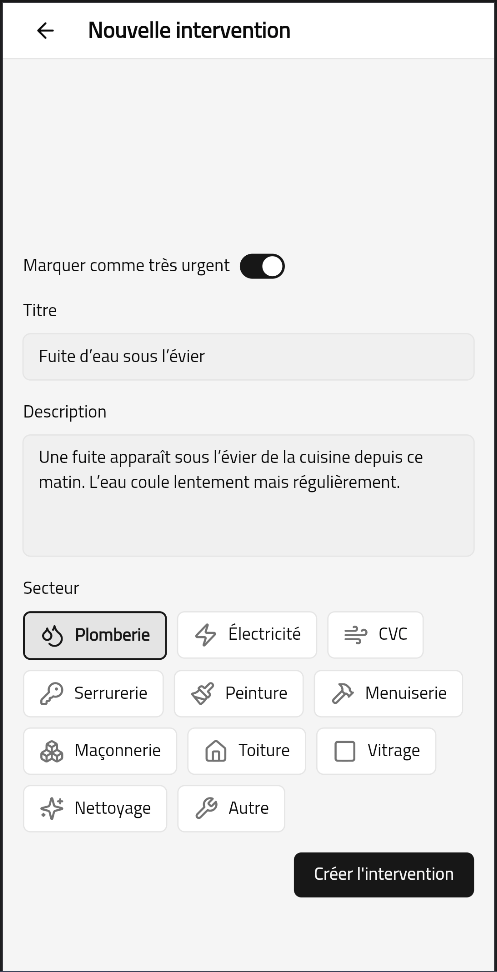 Formulaire de création d’une intervention