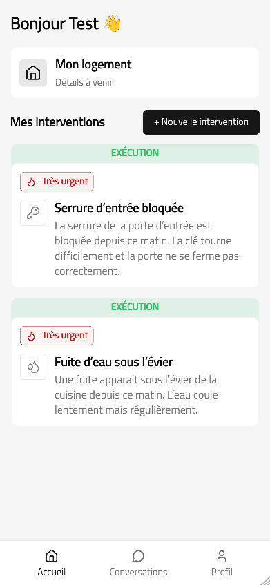Liste des interventions dans l’espace locataire avec leur statut