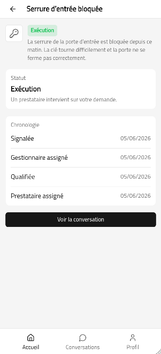 Intervention affichée avec son statut dans l’espace locataire