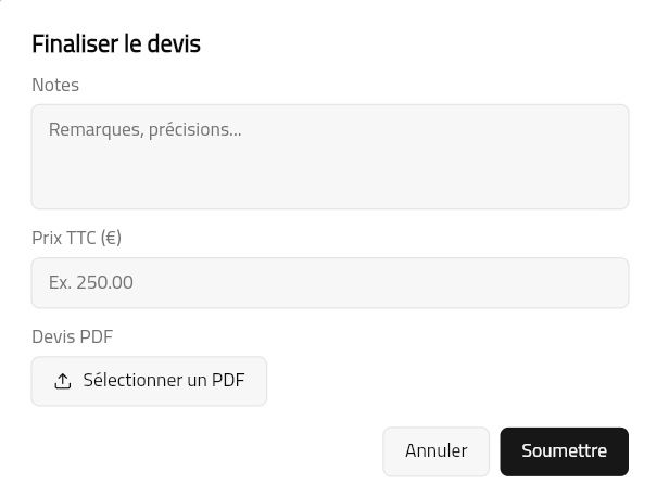 Formulaire de finalisation du devis côté prestataire