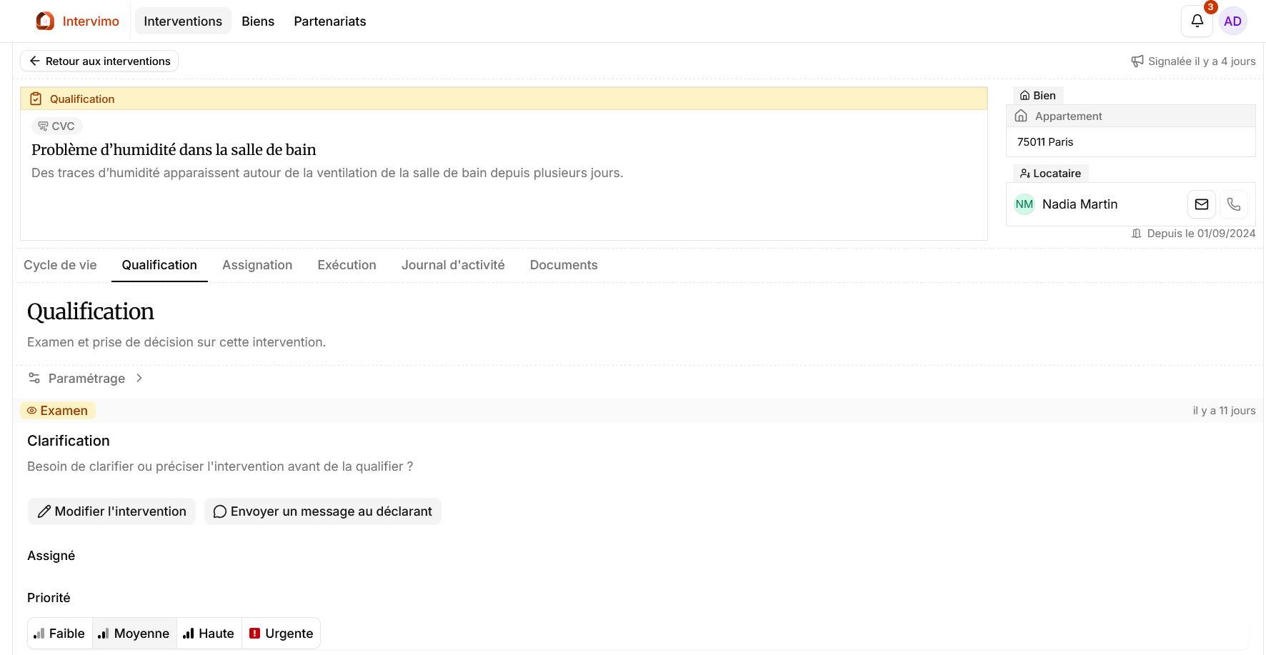 Détail d'une intervention gestionnaire avec l'onglet Qualification ouvert