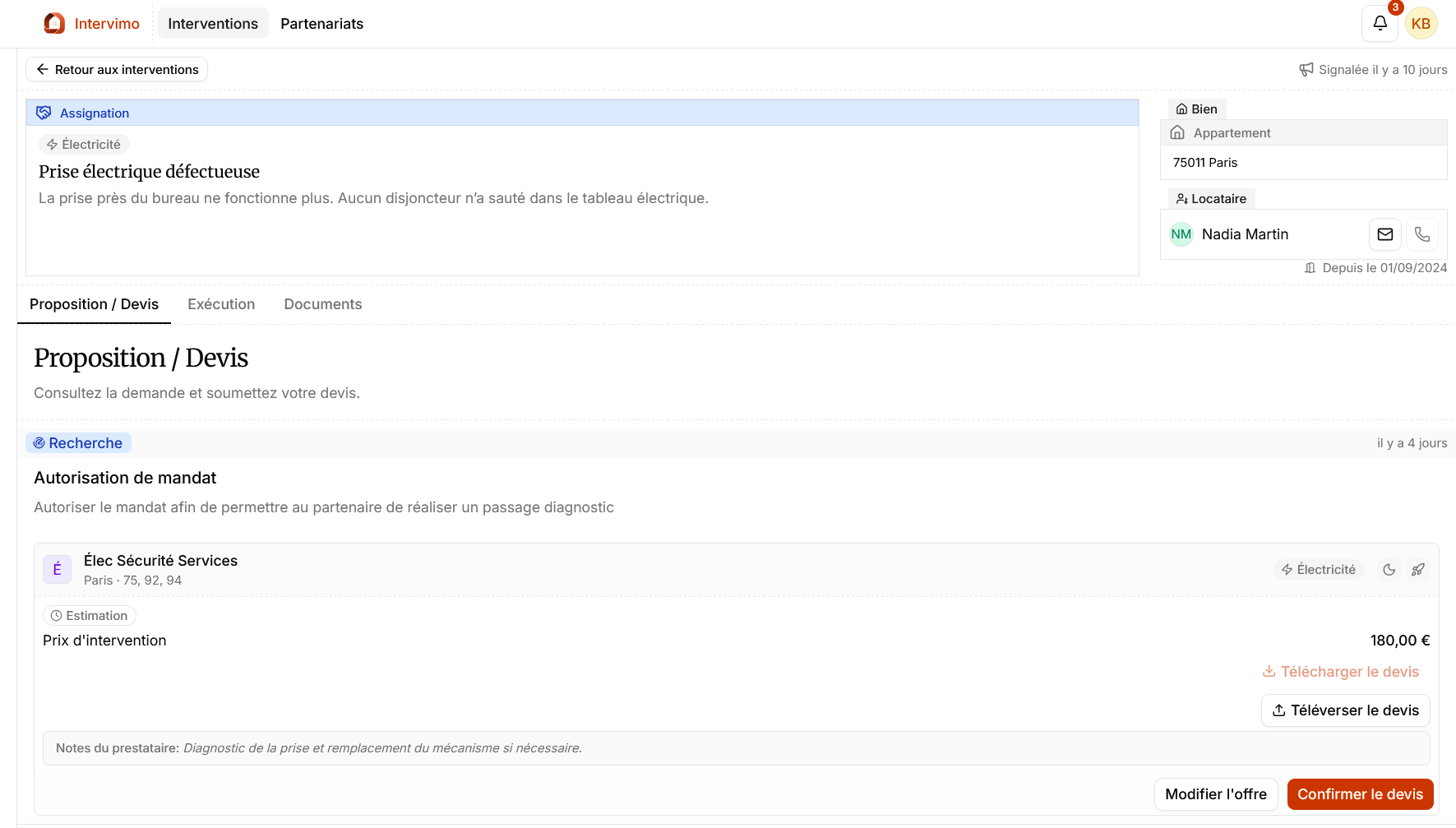 Action de téléversement ou changement du devis PDF