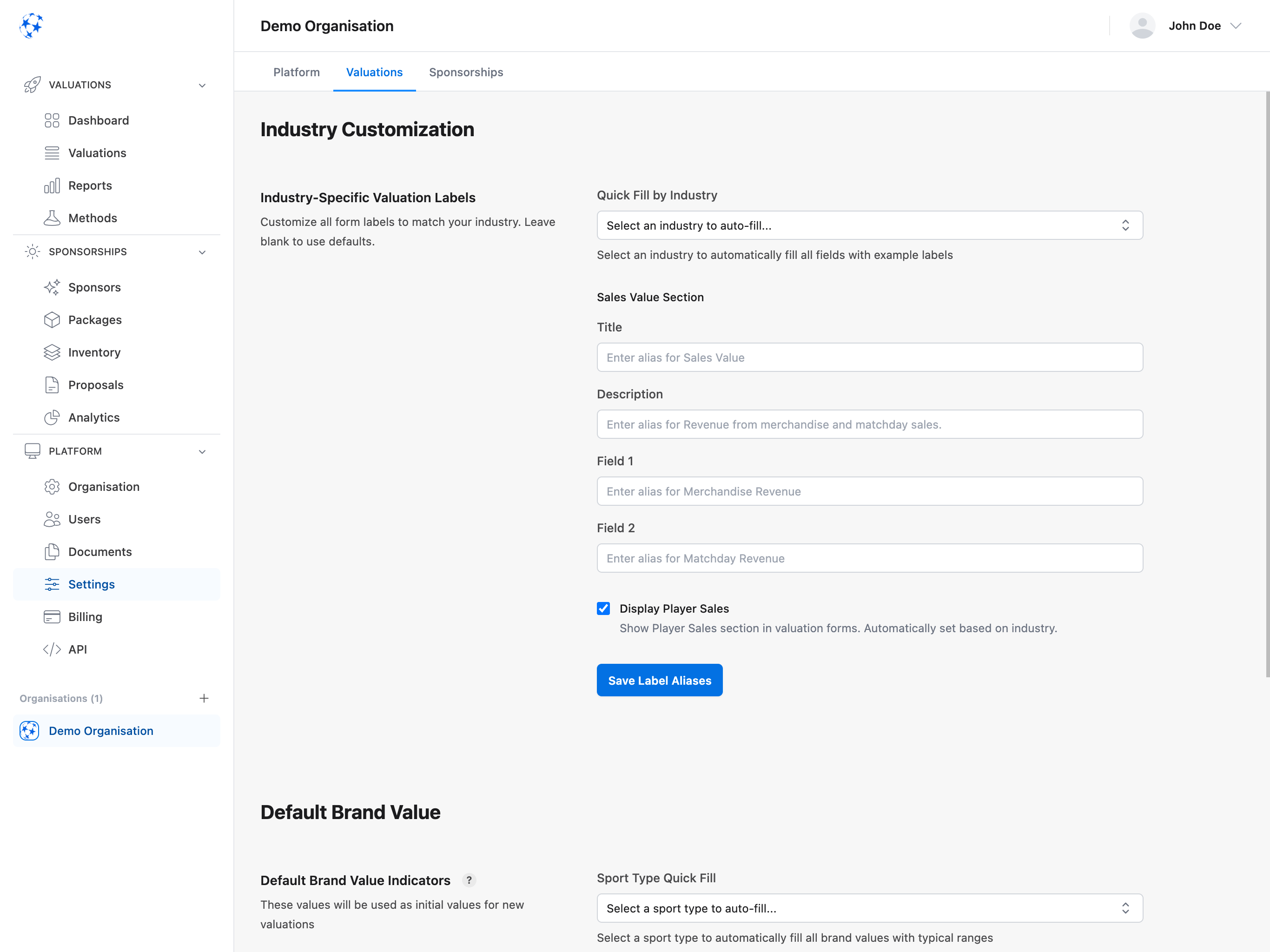 Valiyou valuations settings tab showing default brand value indicators configuration with sliders for popularity, CSR, culture, and loyalty metrics