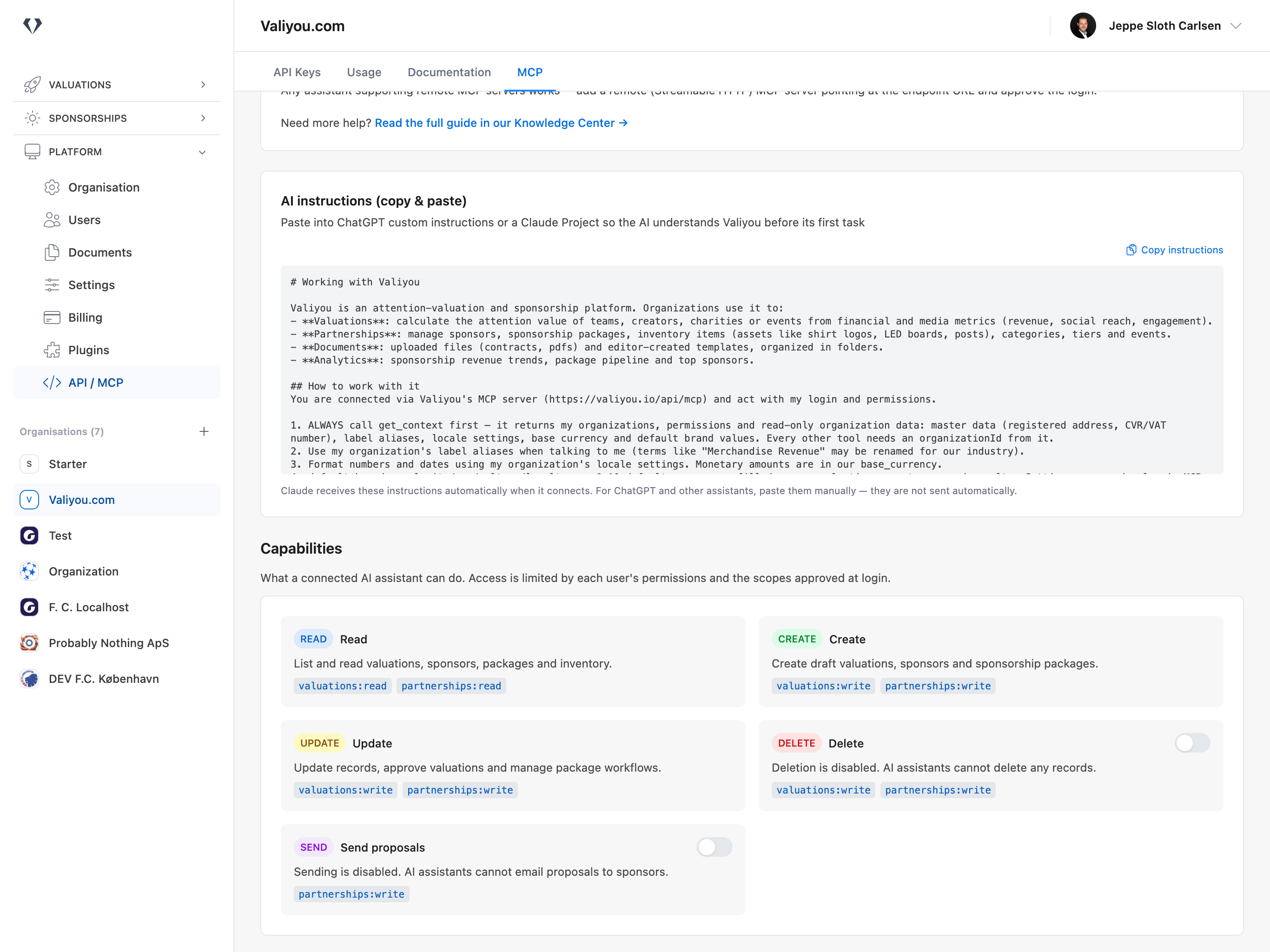 Valiyou MCP Capabilities overview showing read, create, and update enabled while the delete and send proposals toggles are disabled by default