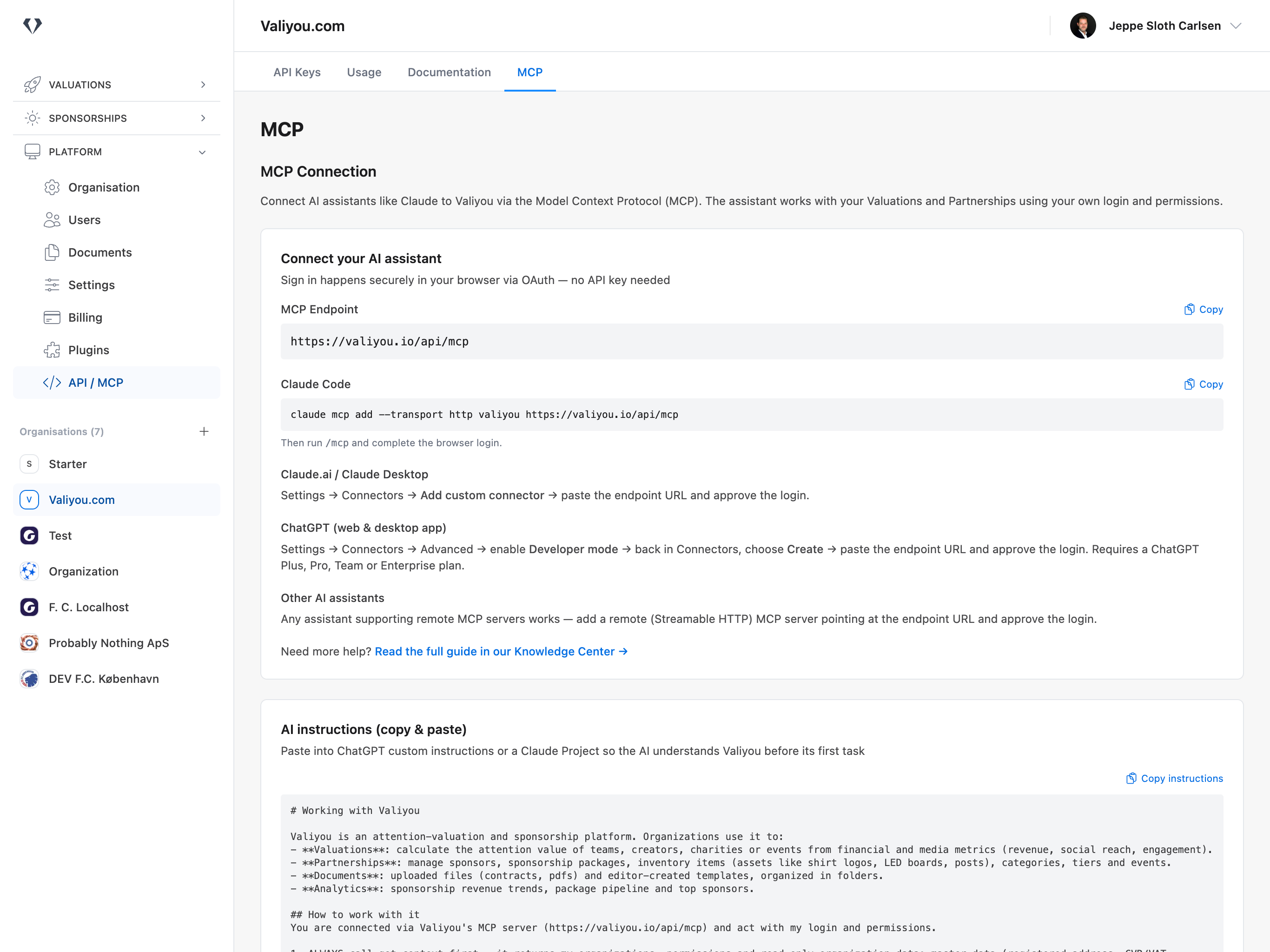 Valiyou MCP Connection page showing the MCP endpoint, Claude Code command, and connection guides for Claude, ChatGPT, and other AI assistants