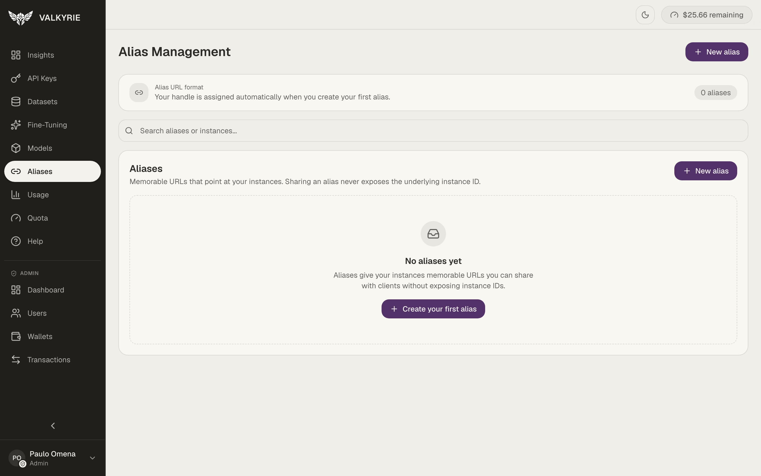 Valkyrie Alias Management screen