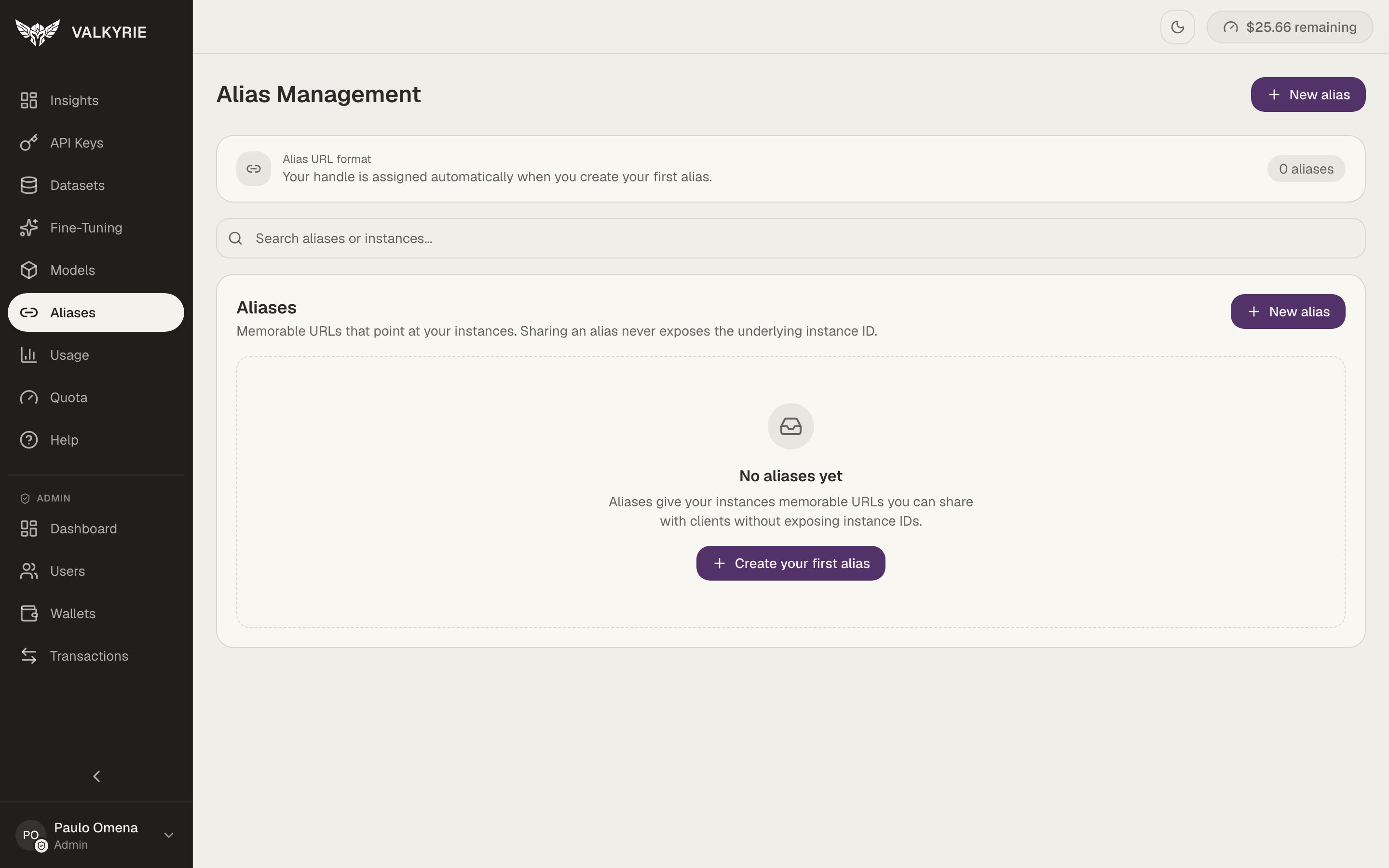 Valkyrie Alias Management screen