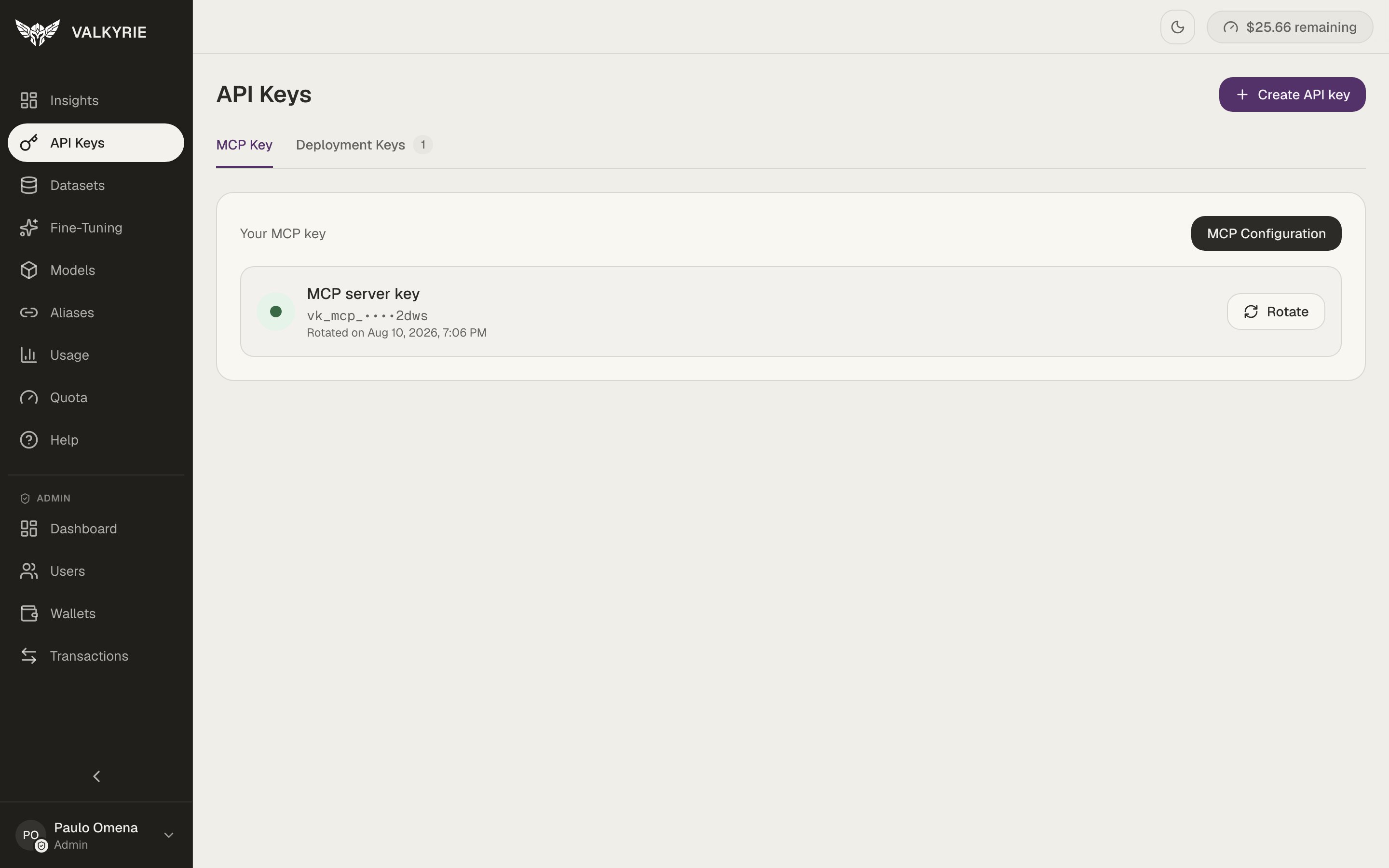 Valkyrie API Keys screen