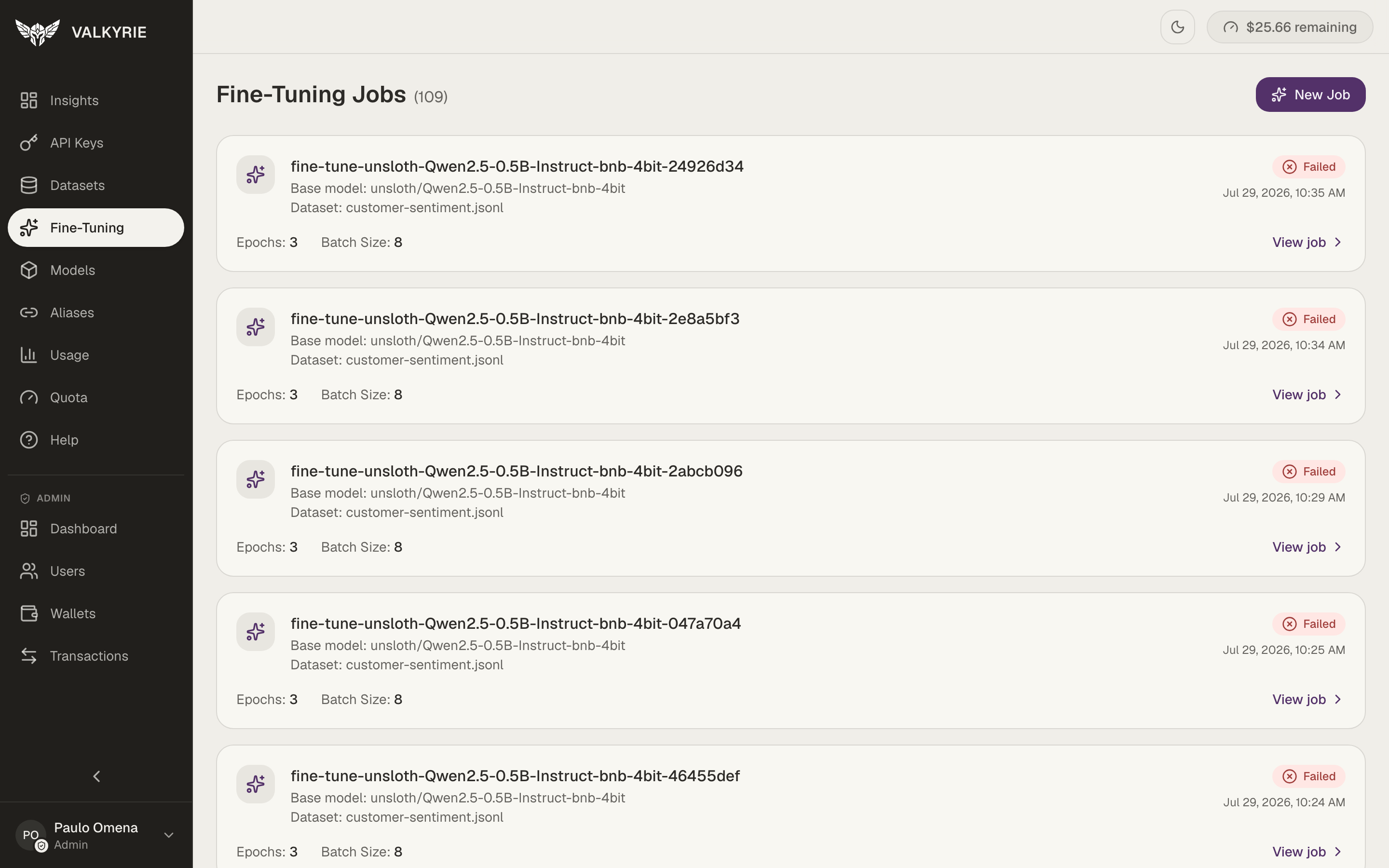 Valkyrie Fine-Tuning Jobs screen