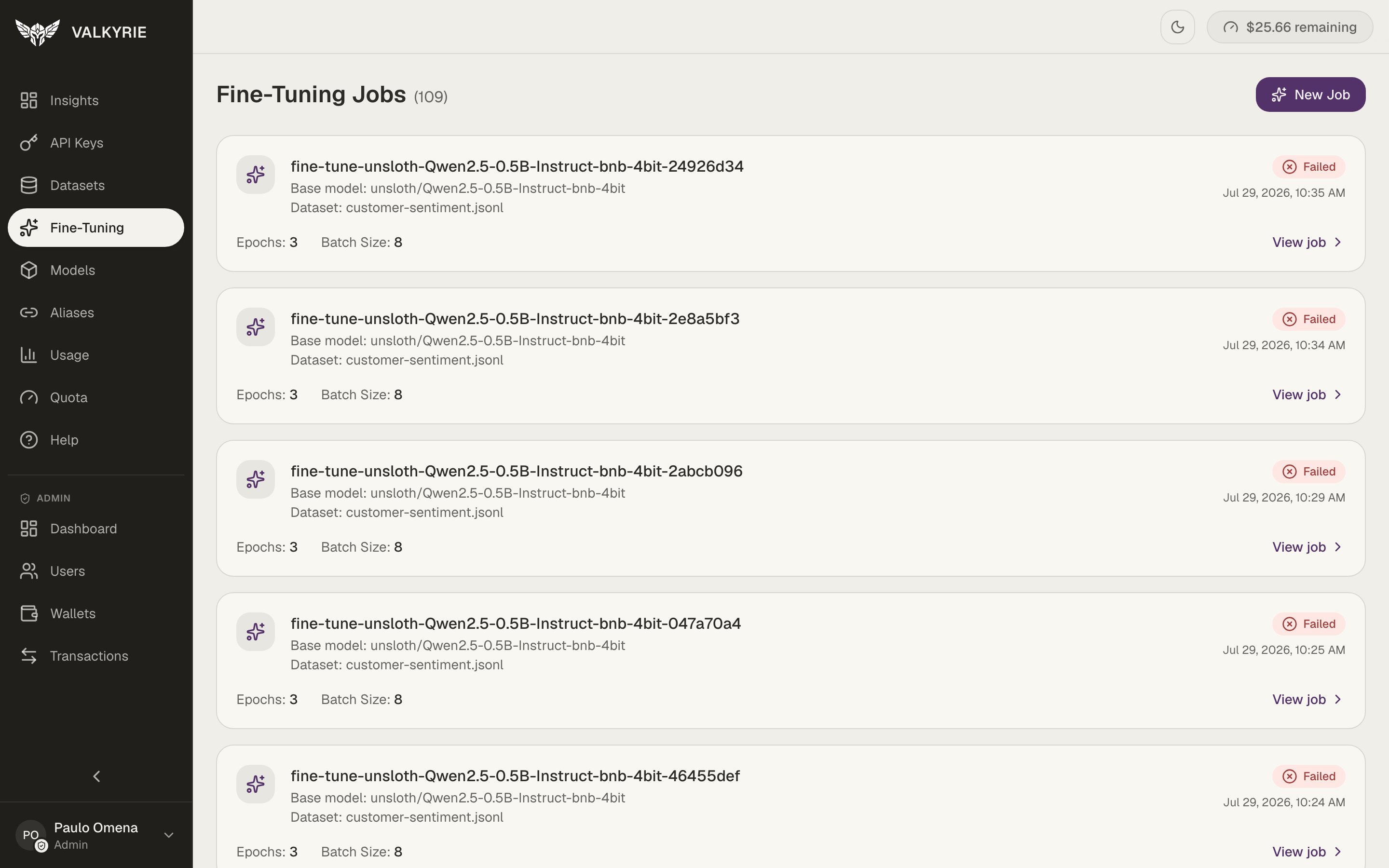 Valkyrie Fine-Tuning Jobs screen