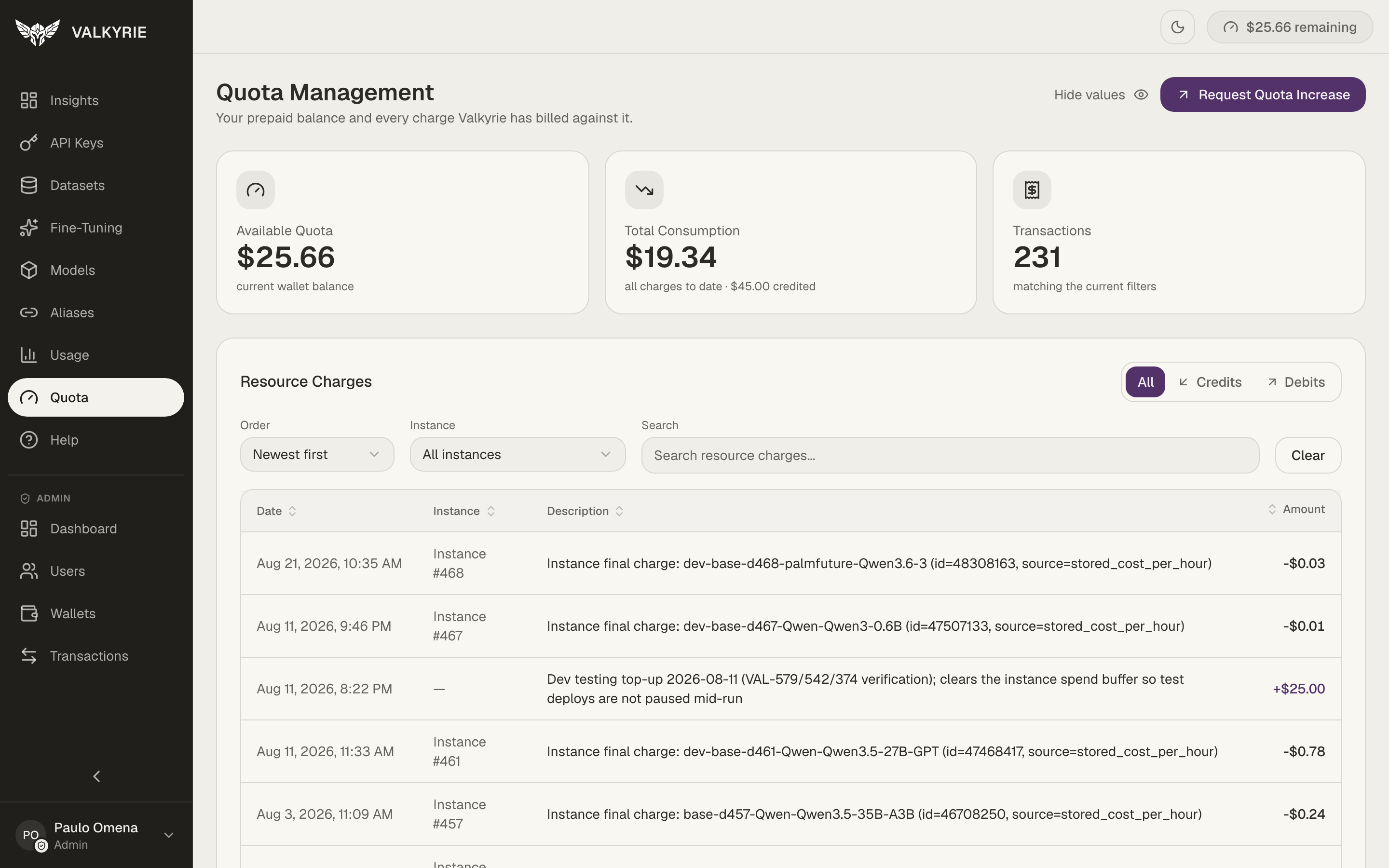 Valkyrie Quota Management screen