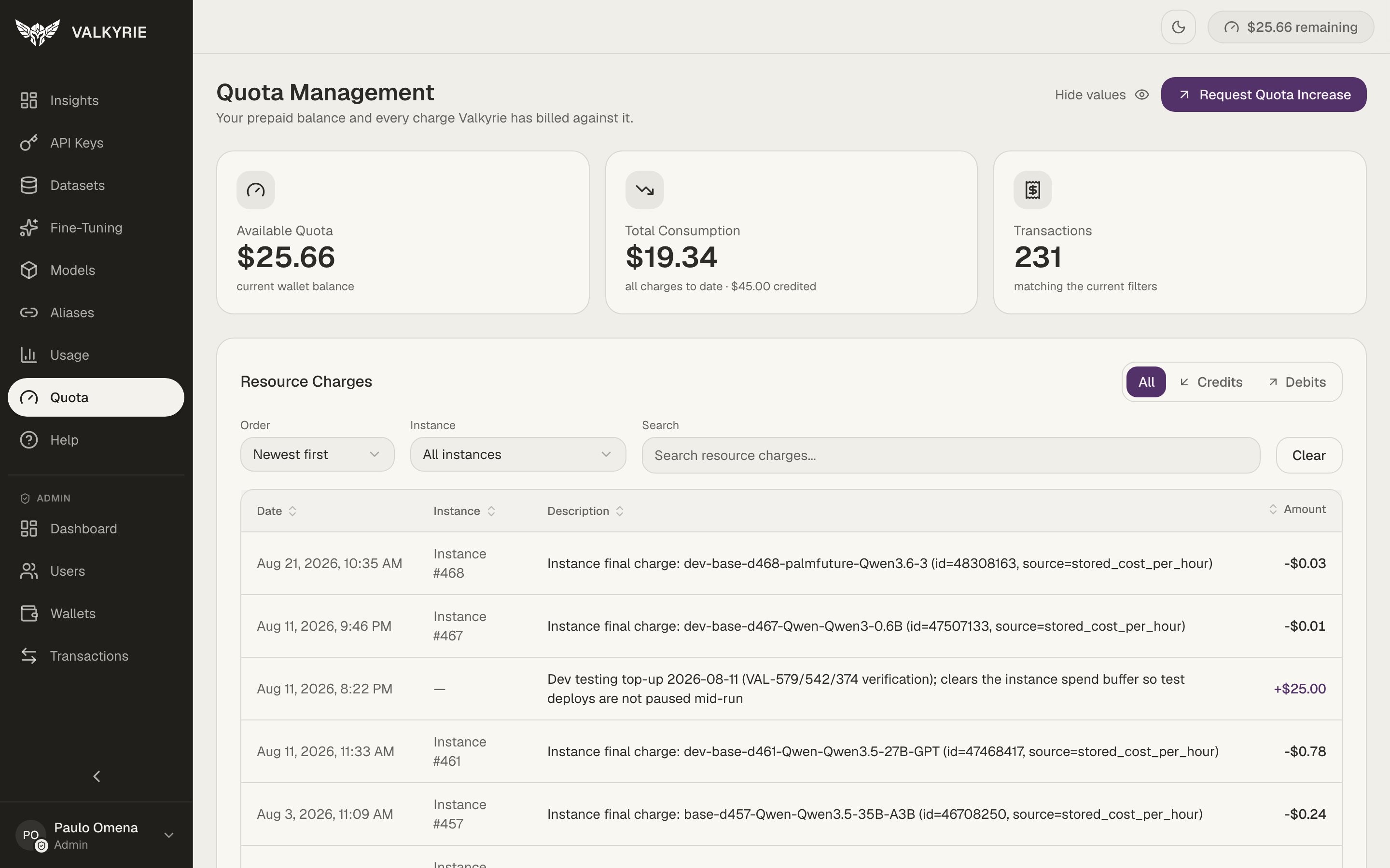 Valkyrie Quota Management screen