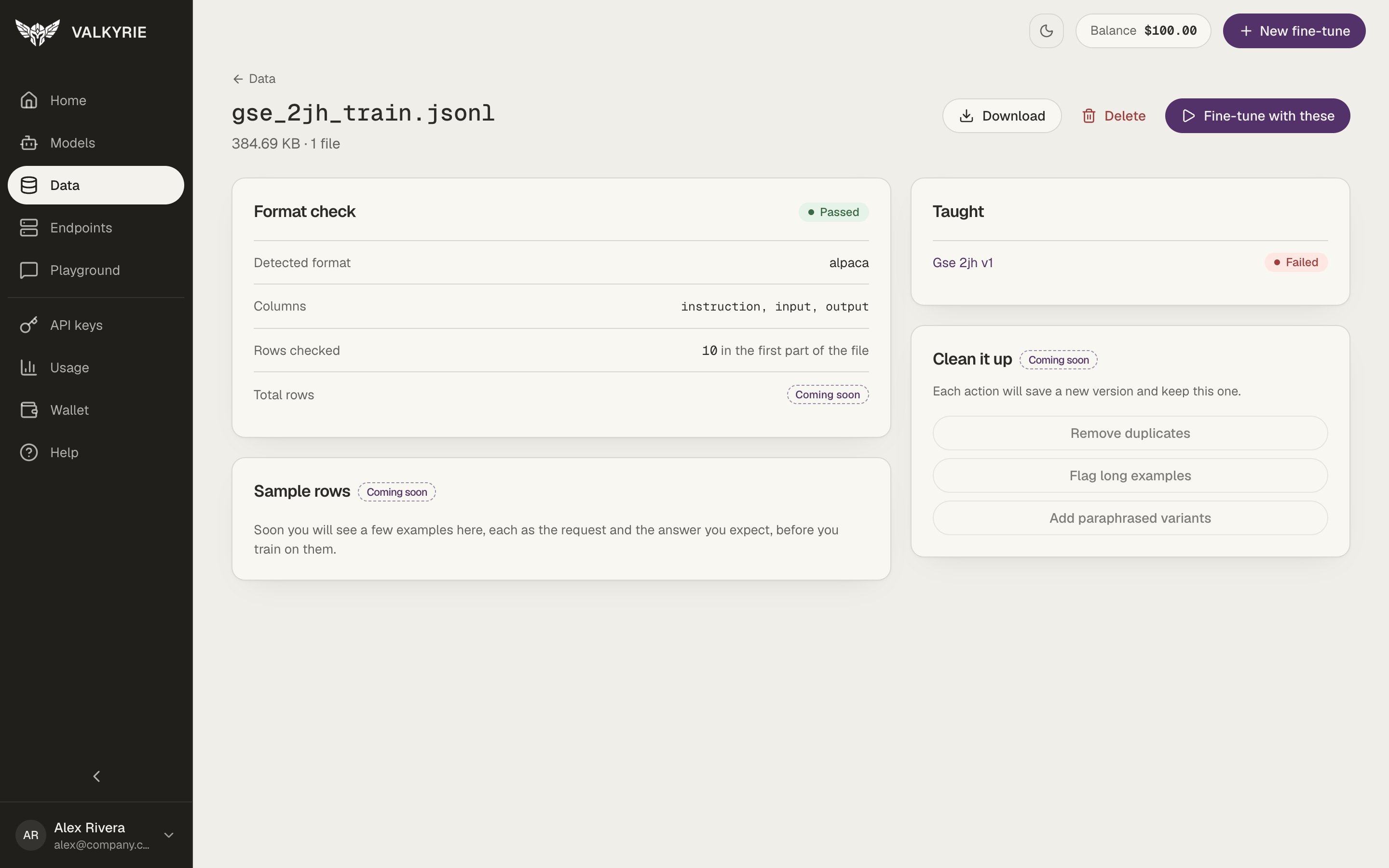 Valkyrie dataset detail screen with format check and taught cards