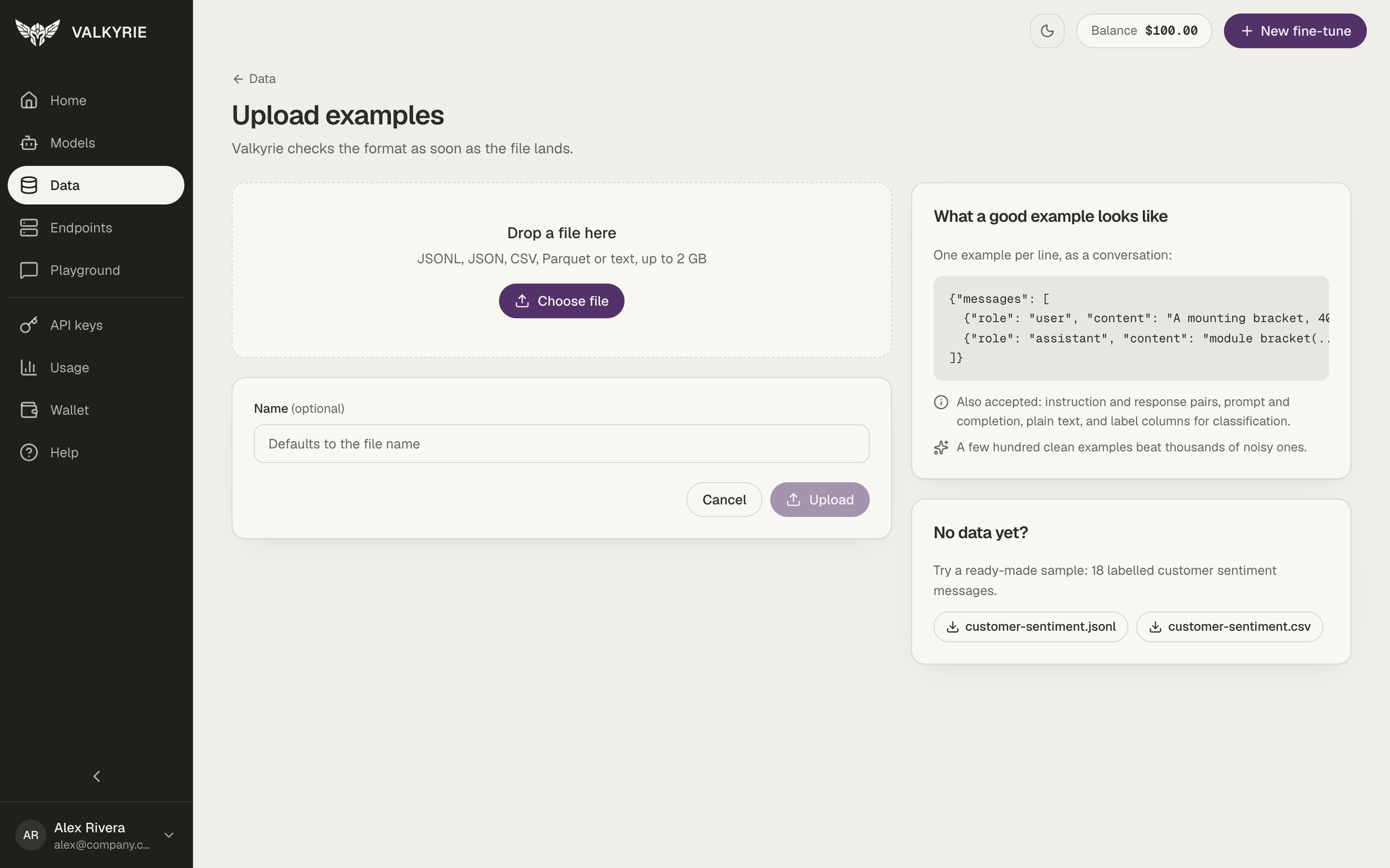 Valkyrie Upload examples screen