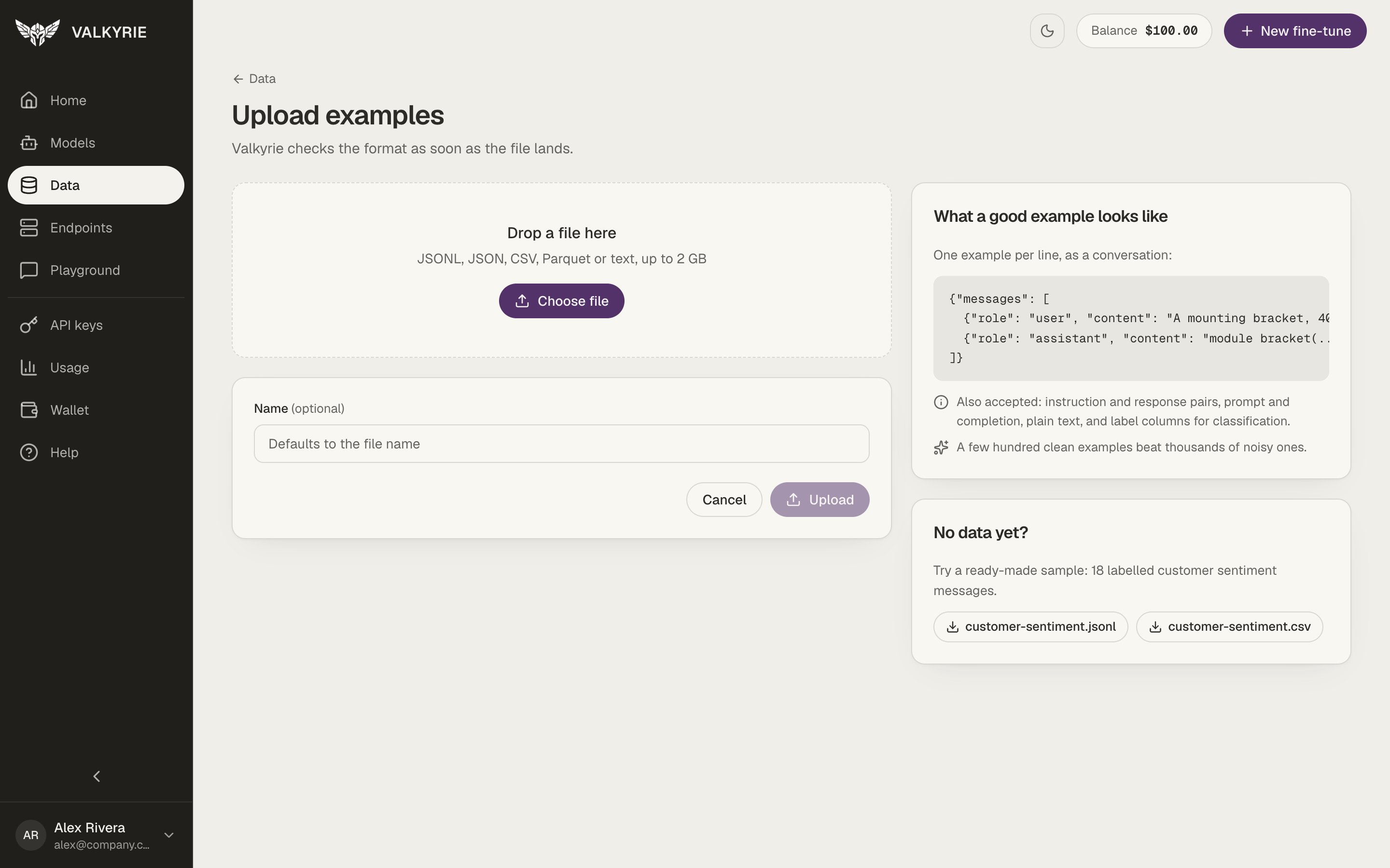 Valkyrie Upload examples screen