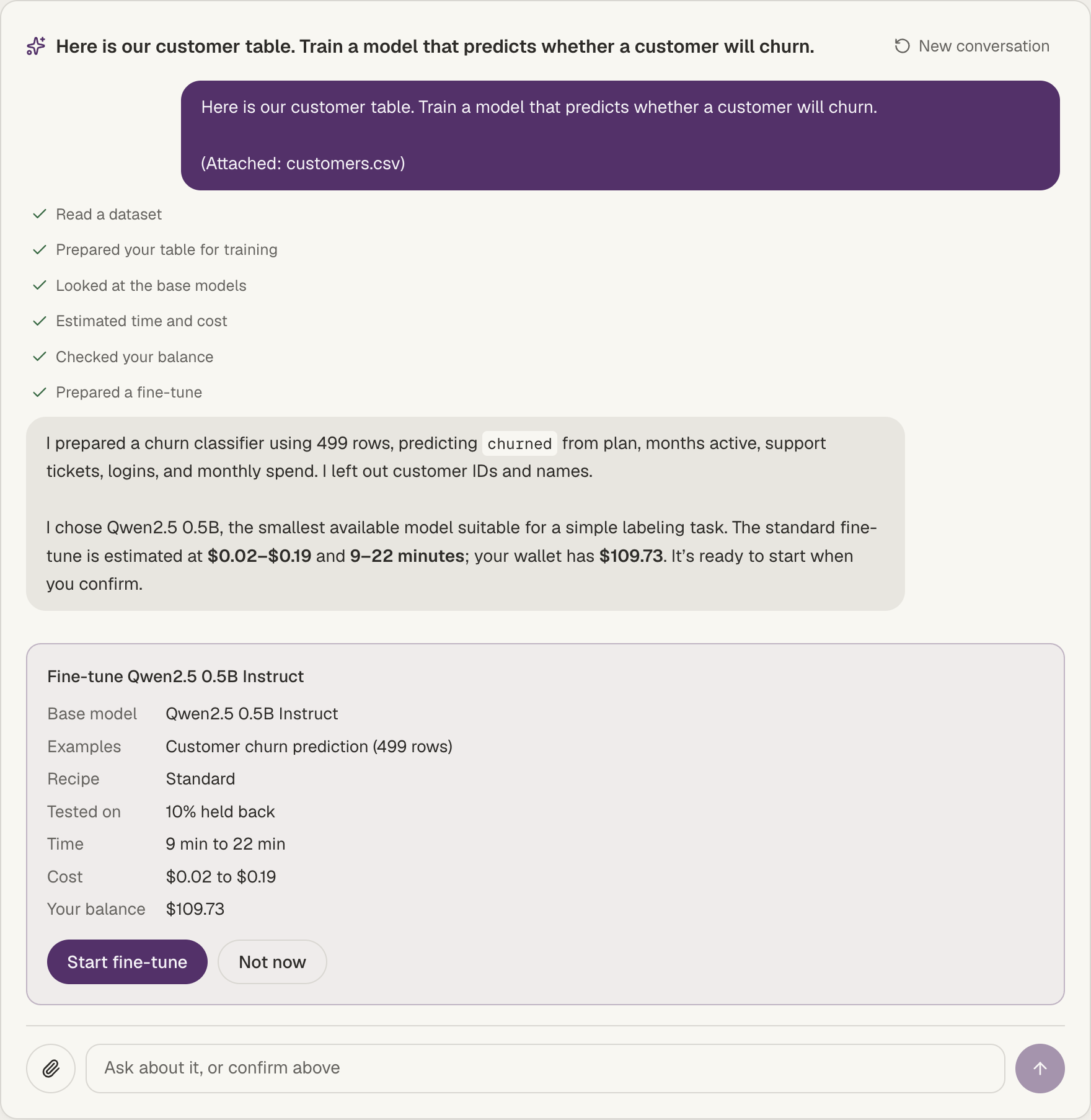 Valkyrie AI assistant conversation: the steps it took and a Start fine-tune card with time, cost and balance