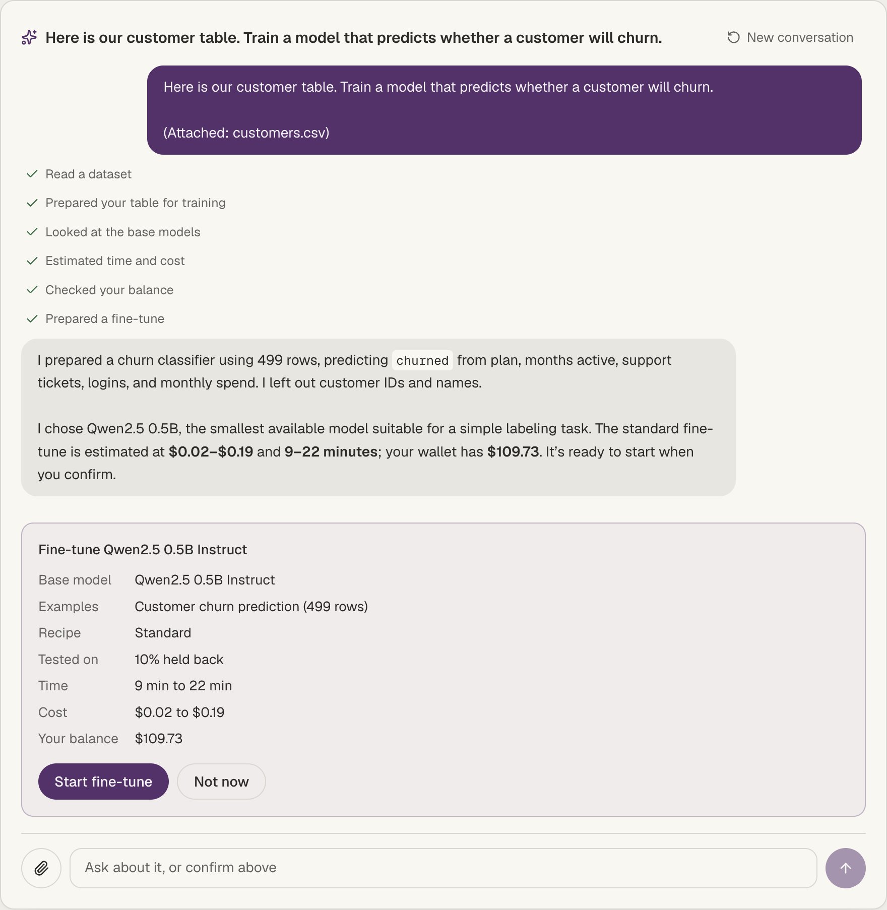 Valkyrie AI assistant conversation: the steps it took and a Start fine-tune card with time, cost and balance