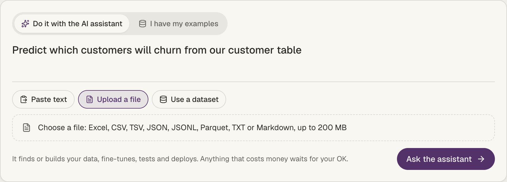 Valkyrie Home start box in AI assistant mode with Paste text, Upload a file and Use a dataset