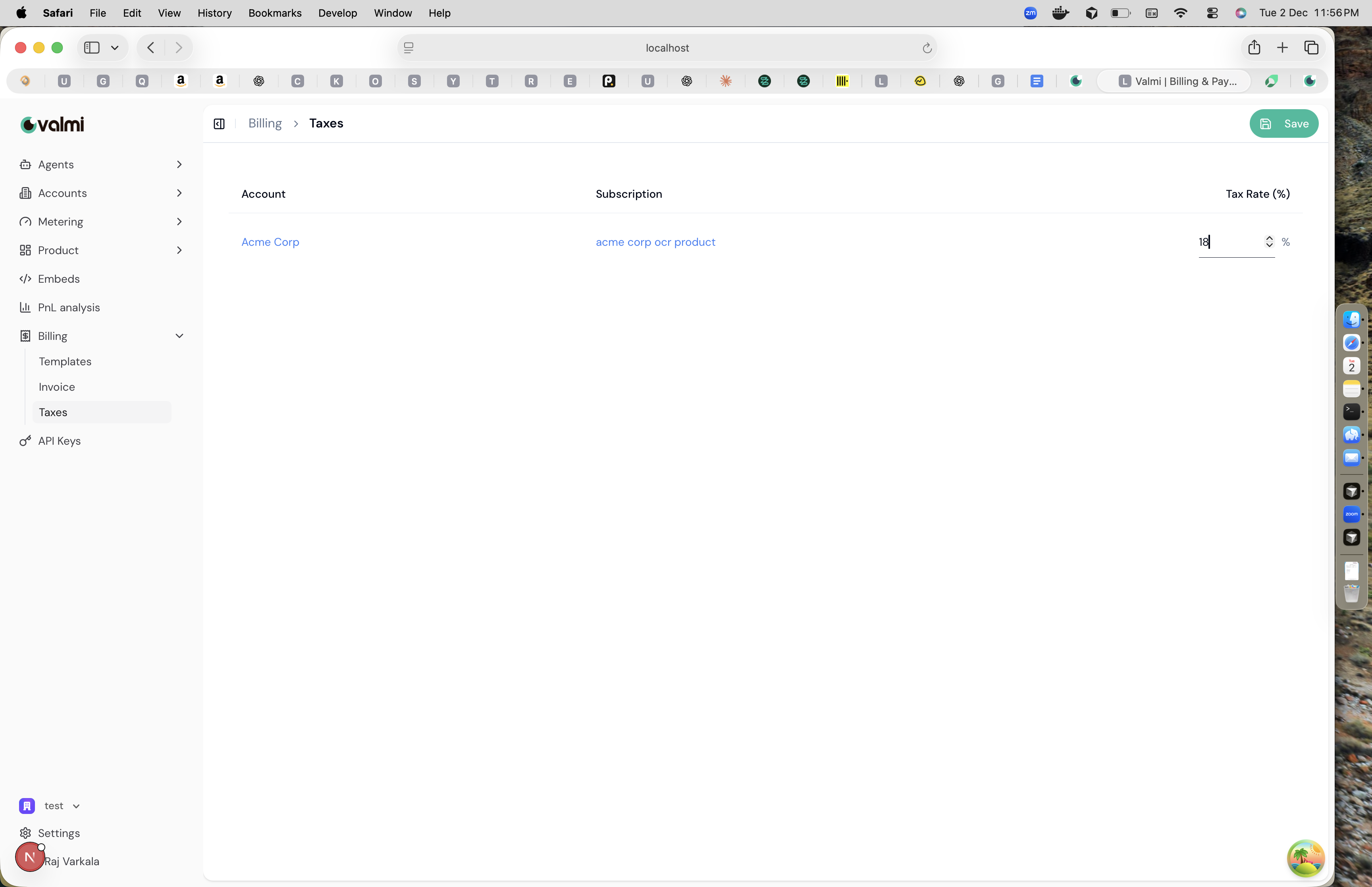 Taxes configuration page showing account, subscription, and tax rate fields