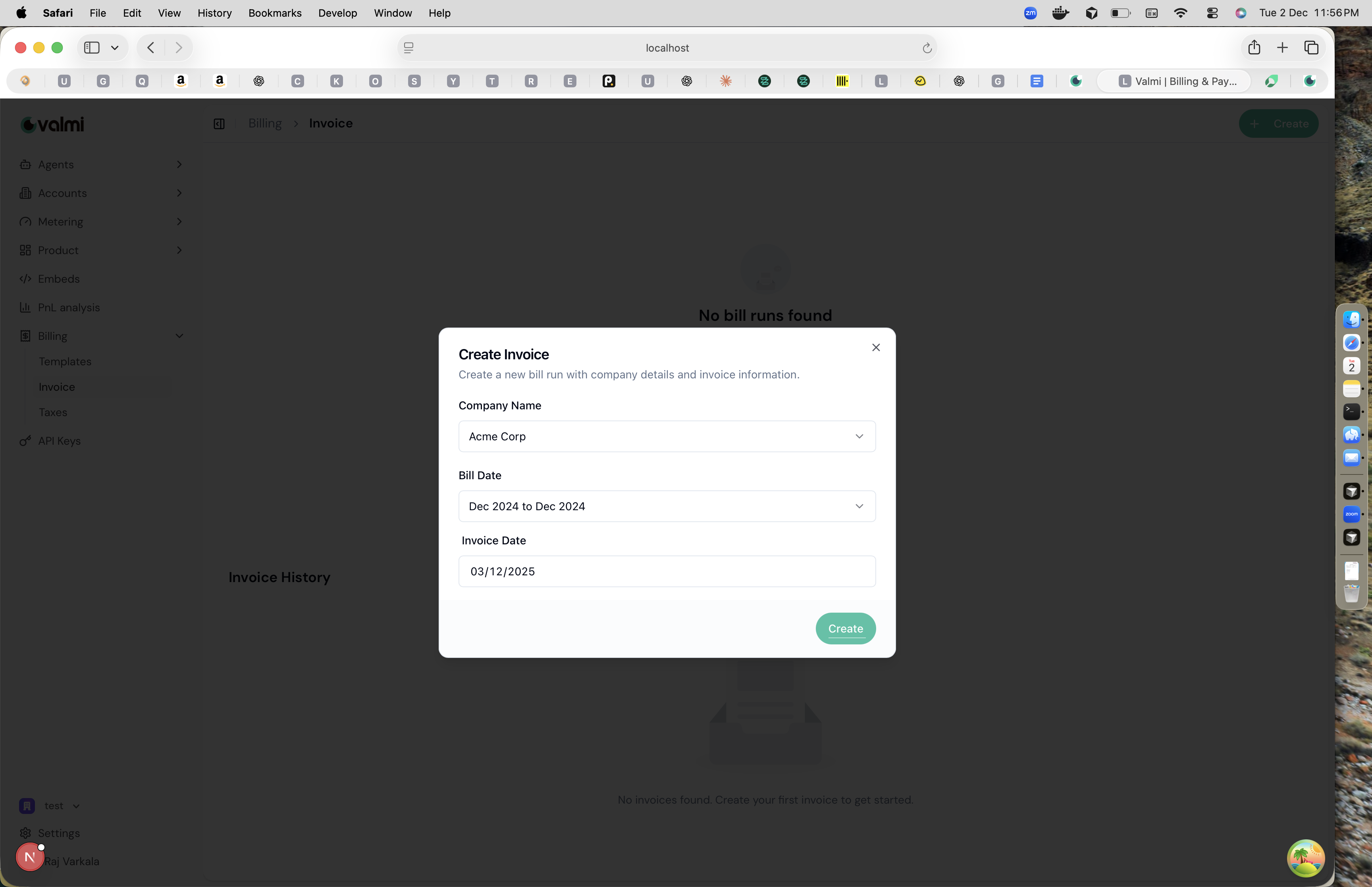 Create Invoice modal with company name, bill date, and invoice date fields