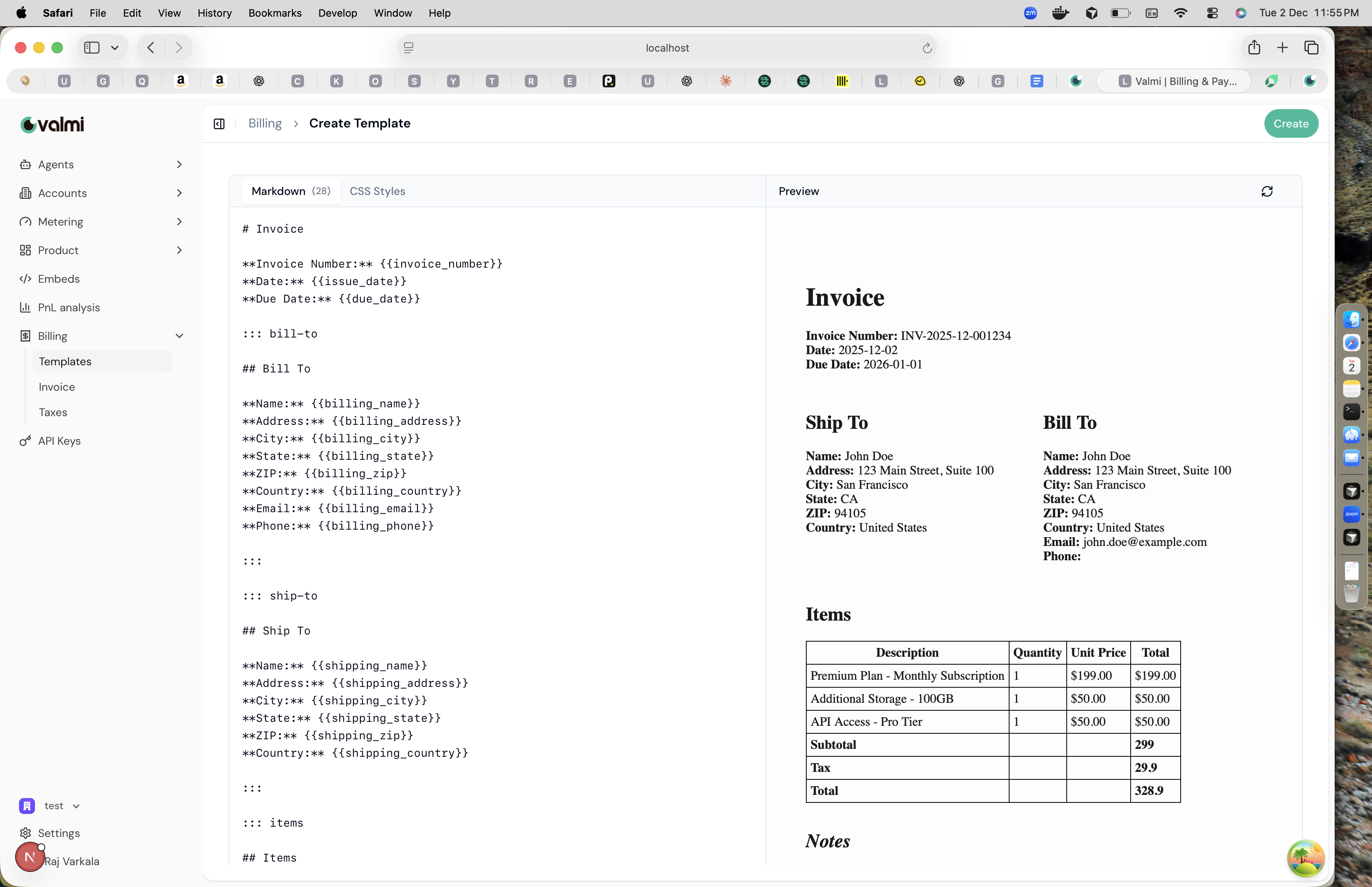Invoice template editor with markdown on the left and preview on the right