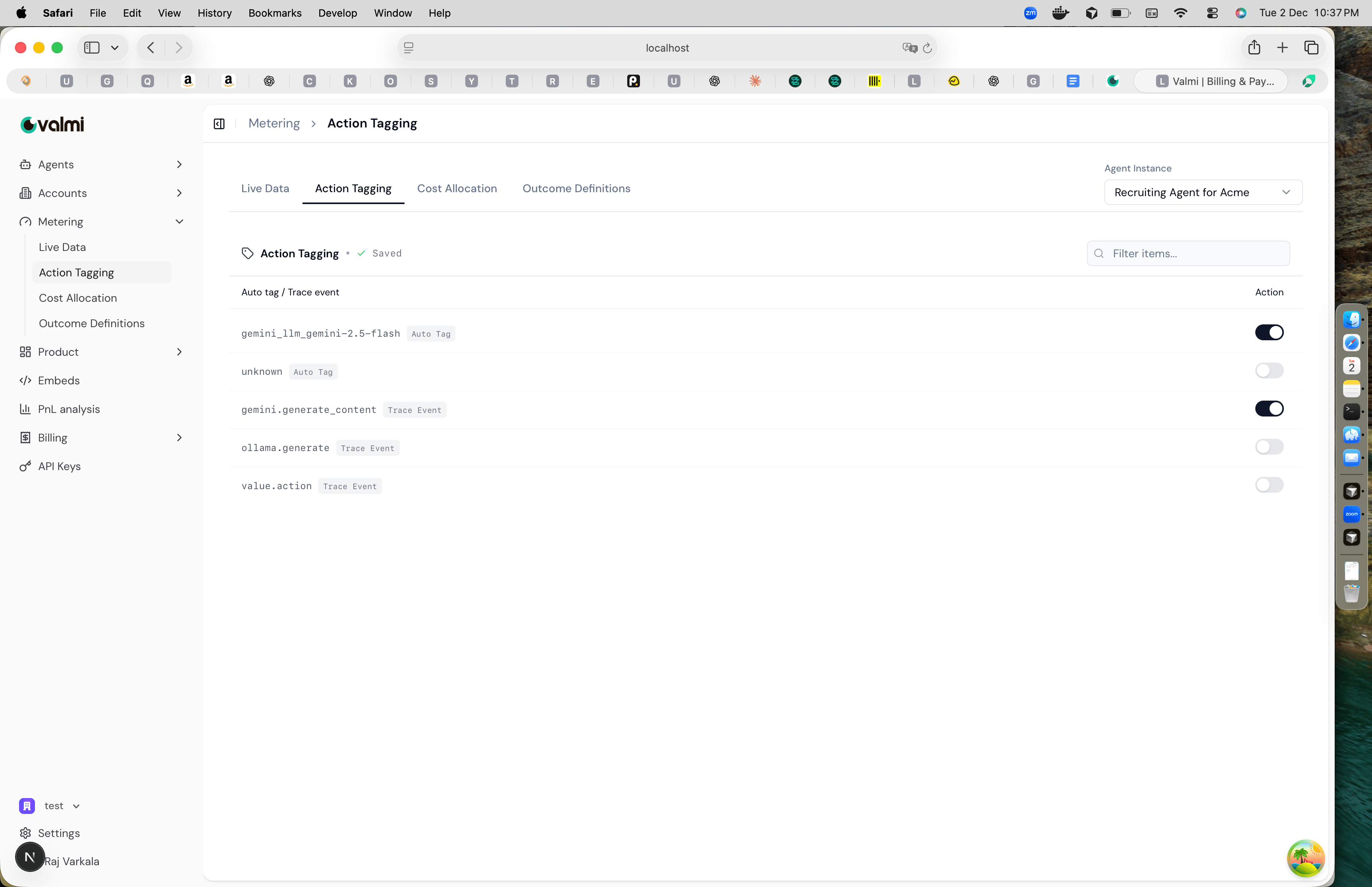 Action Tagging interface showing auto tags and trace events