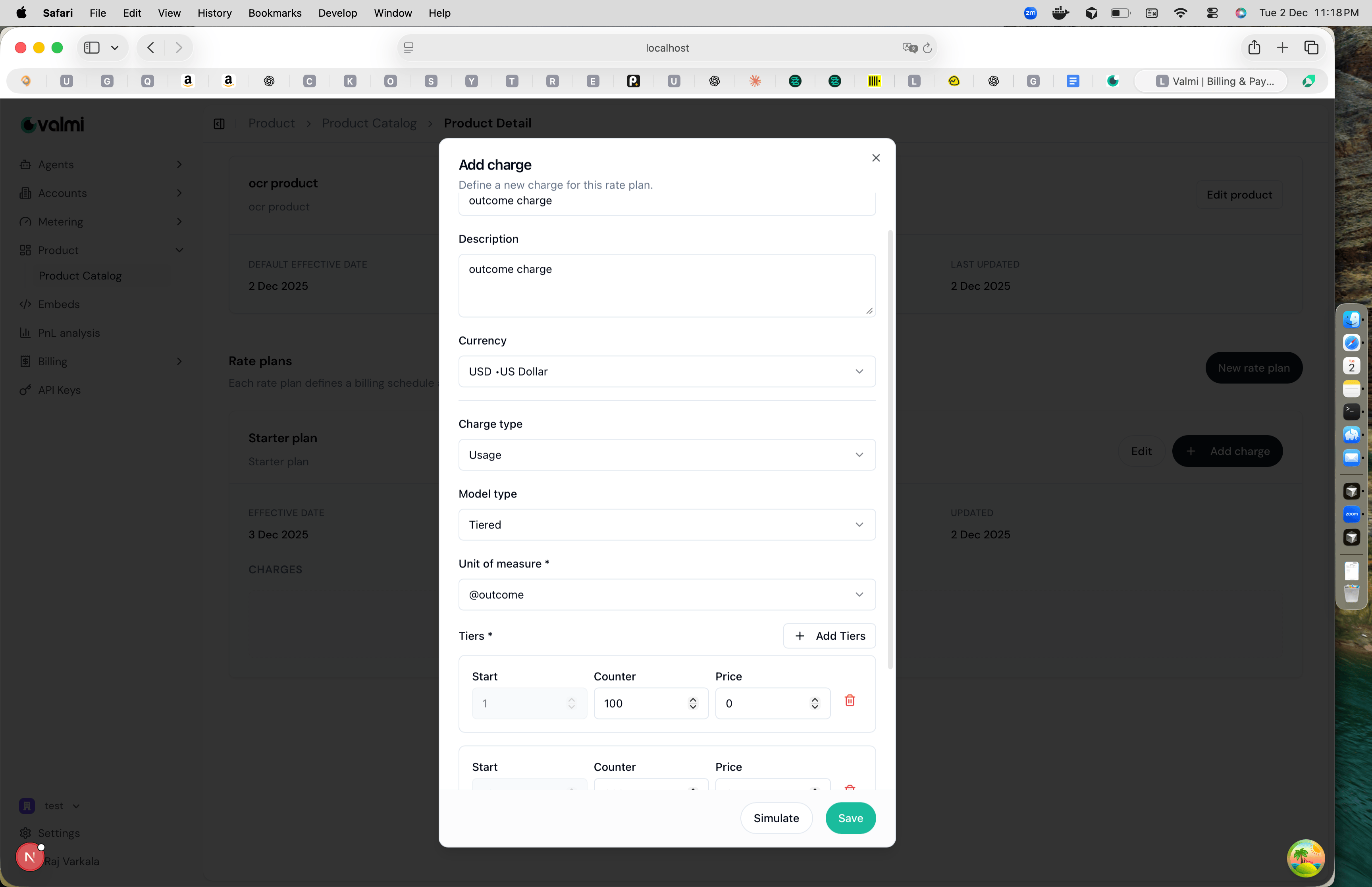 Add charge modal with charge configuration form