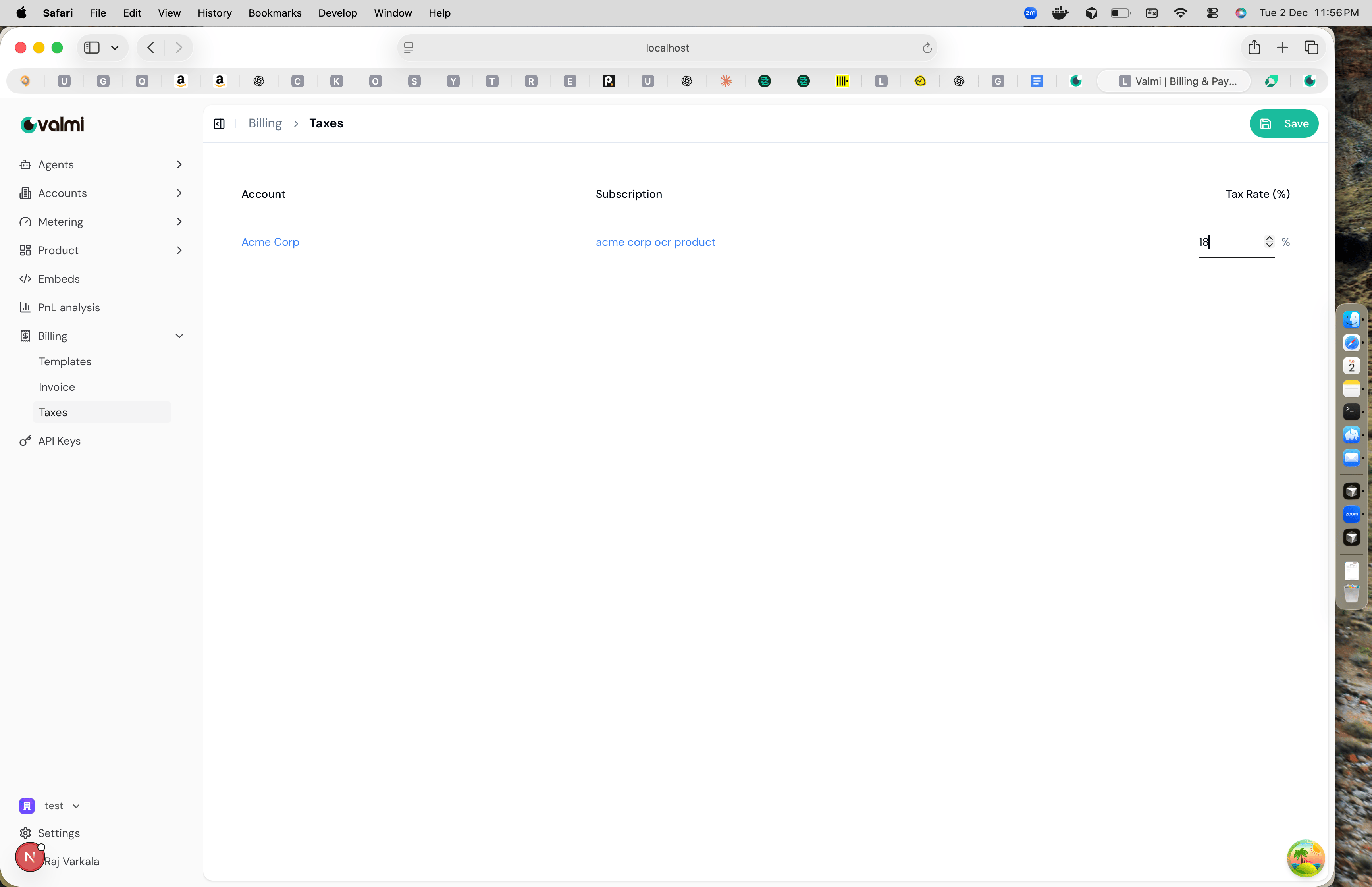 Taxes configuration page showing account, subscription, and tax rate fields