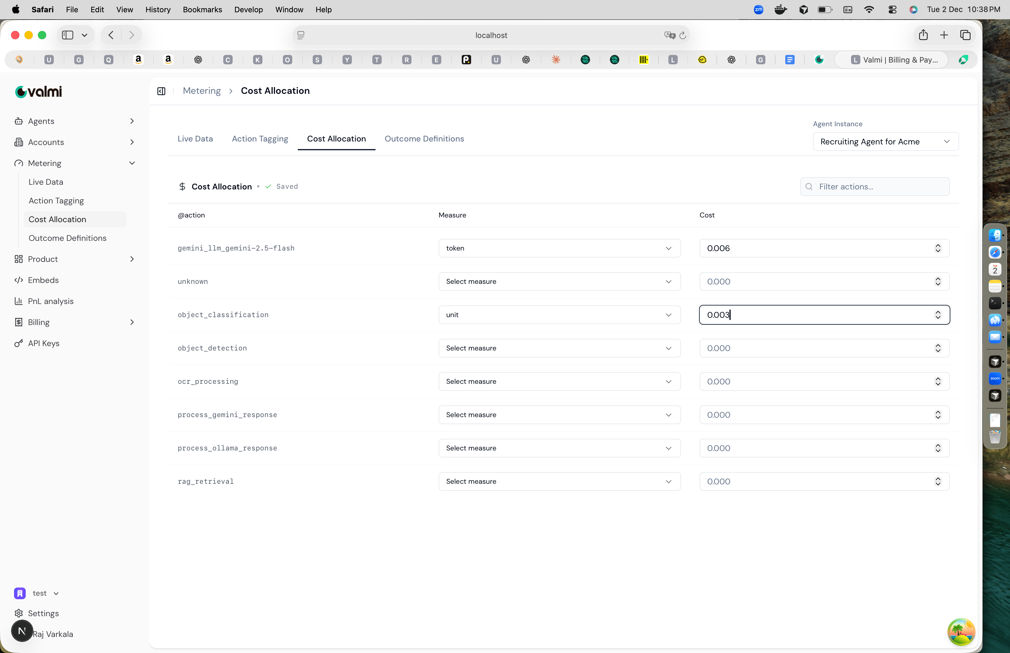 Cost Allocation interface showing actions with measure and cost fields