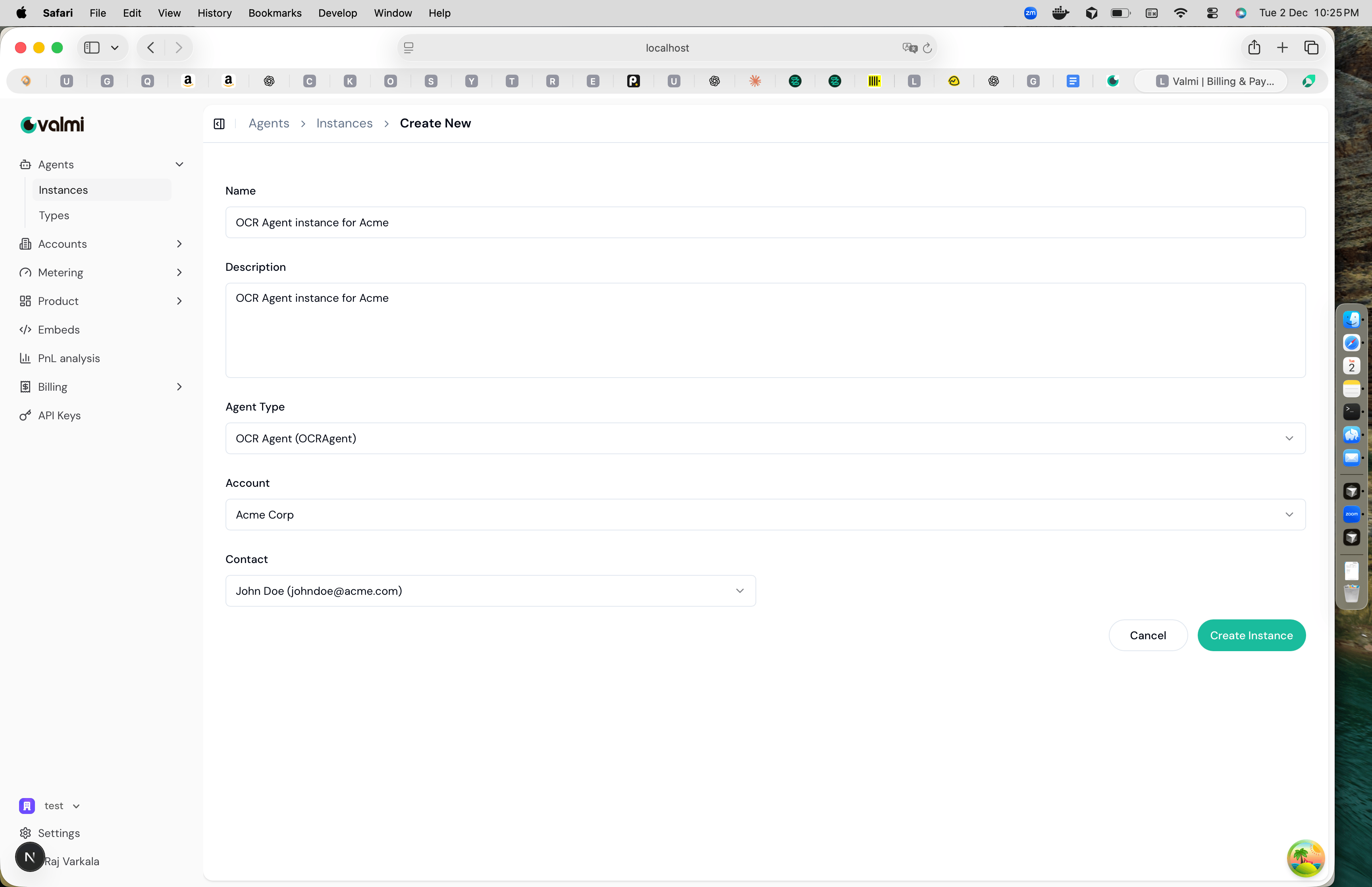 Create Agent Instance form