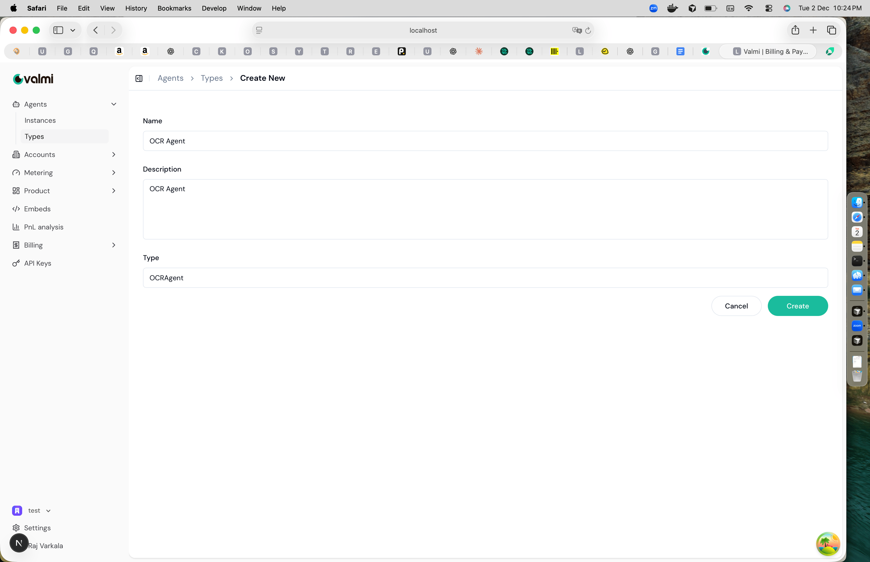 Create Agent Type form