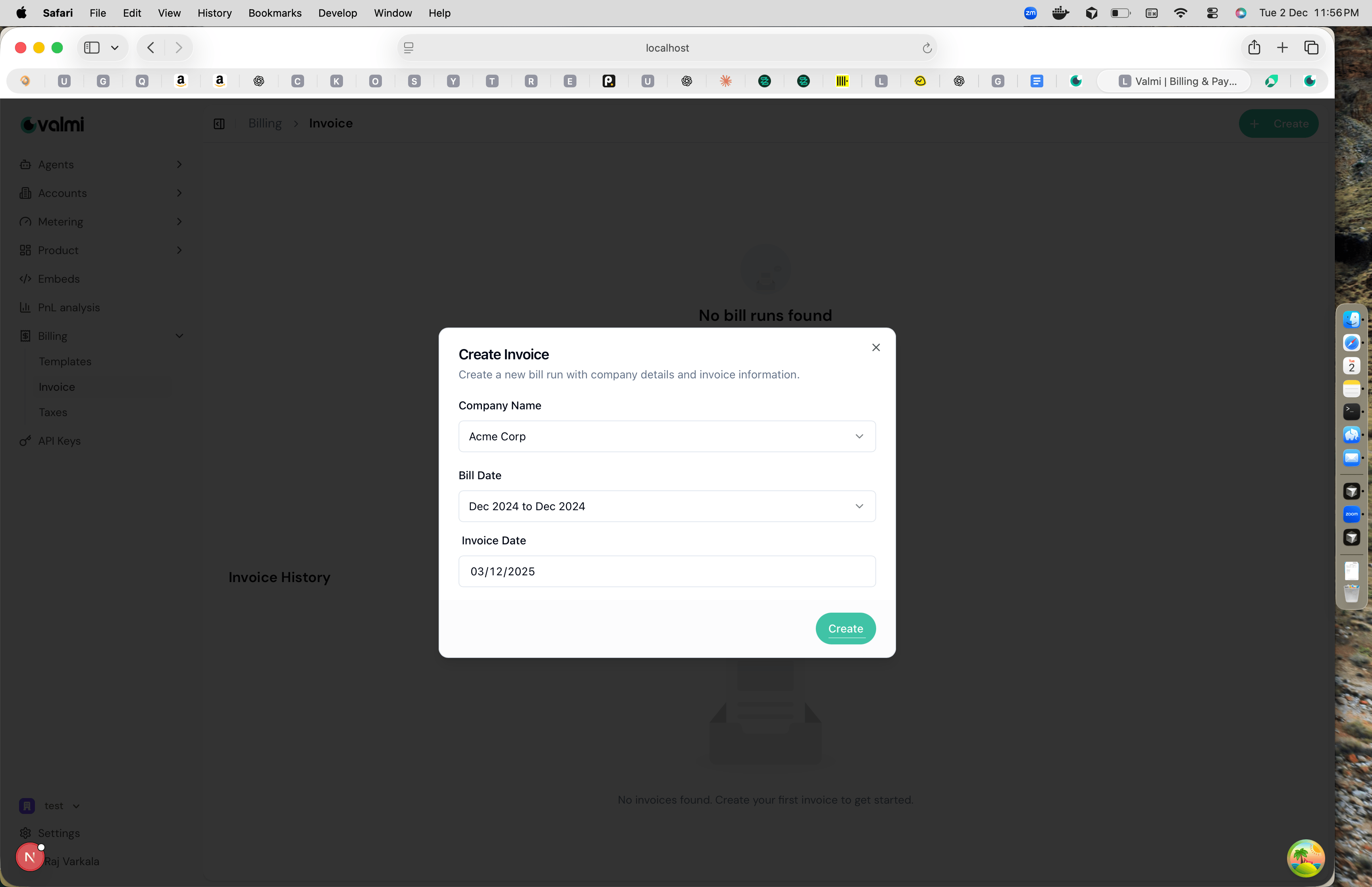 Create Invoice modal with company name, bill date, and invoice date fields