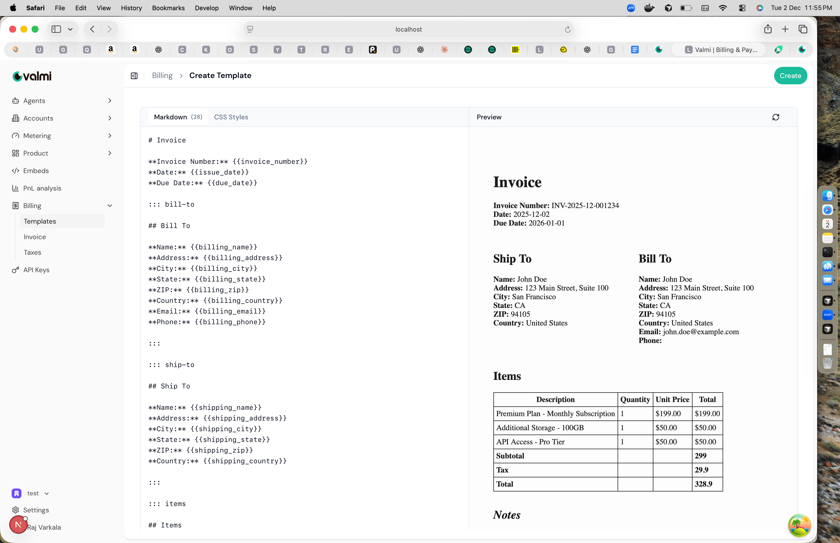 Invoice template editor with markdown on the left and preview on the right