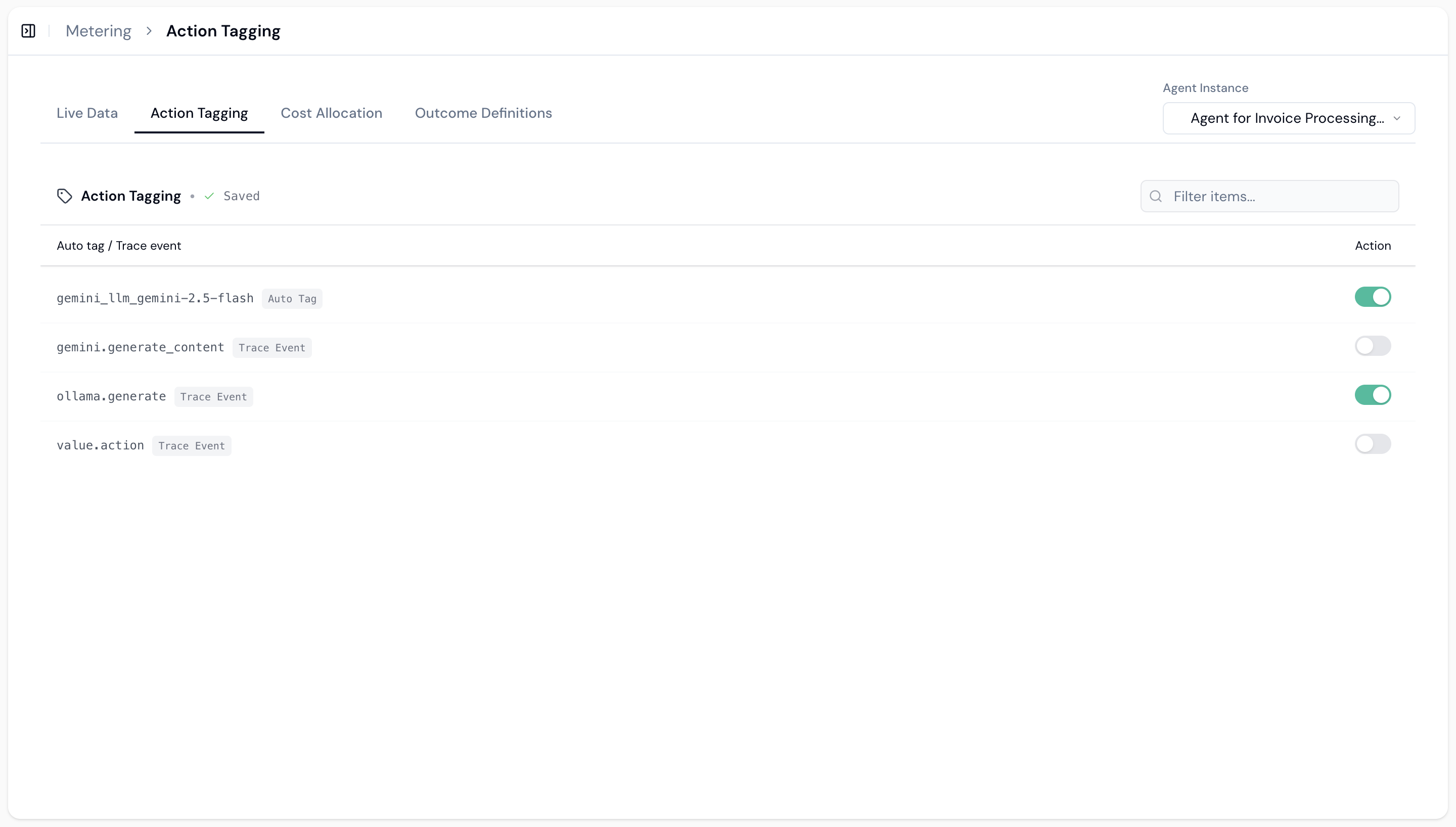 Action Tagging interface showing auto tags and trace events