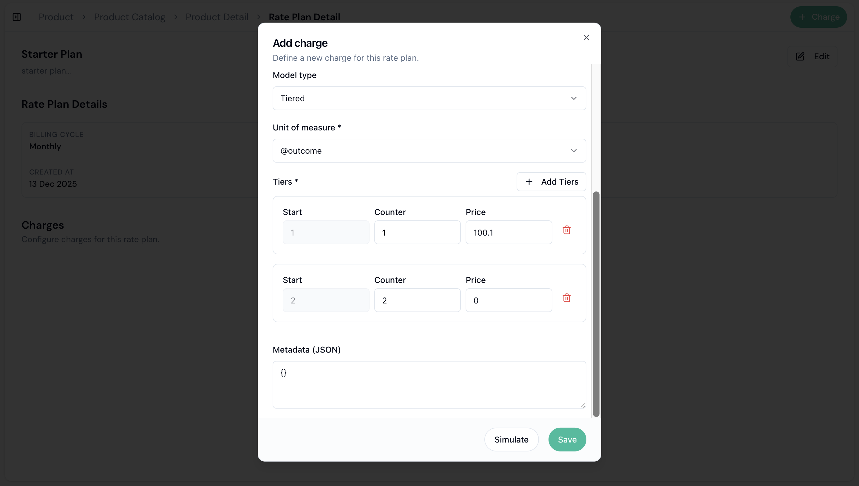 Add charge modal with charge configuration form