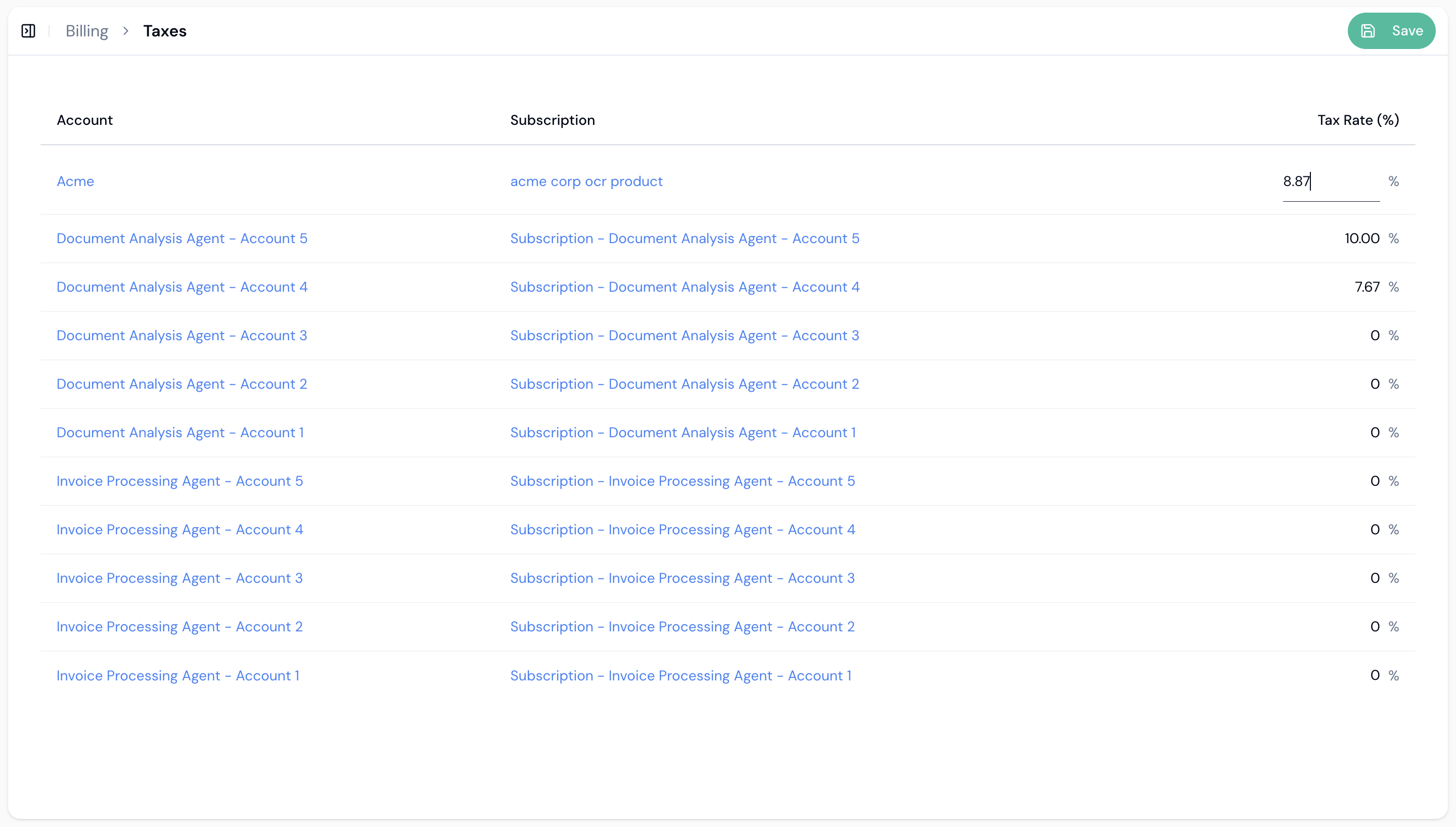 Taxes configuration page showing account, subscription, and tax rate fields