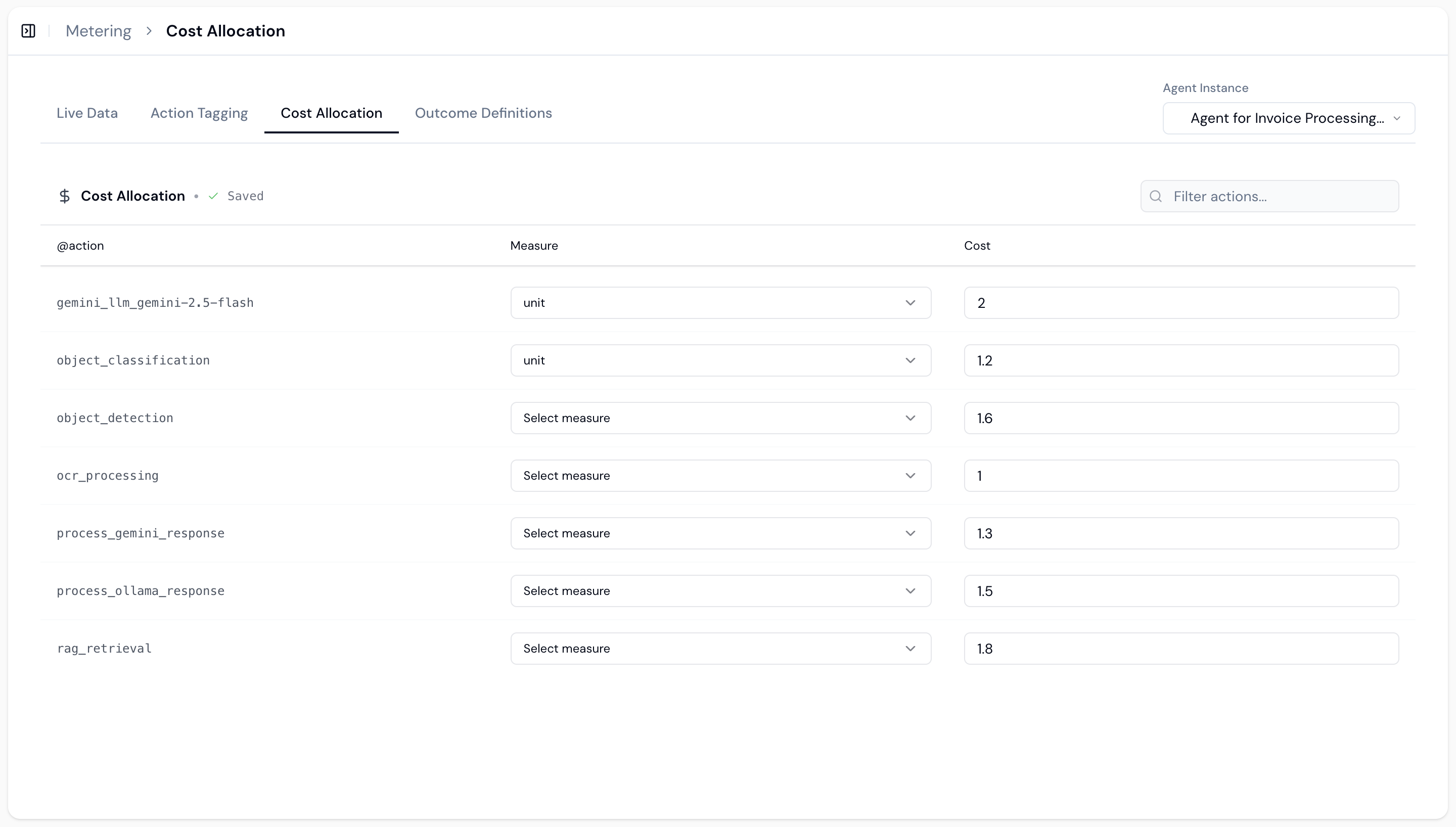 Cost Allocation interface showing actions with measure and cost fields