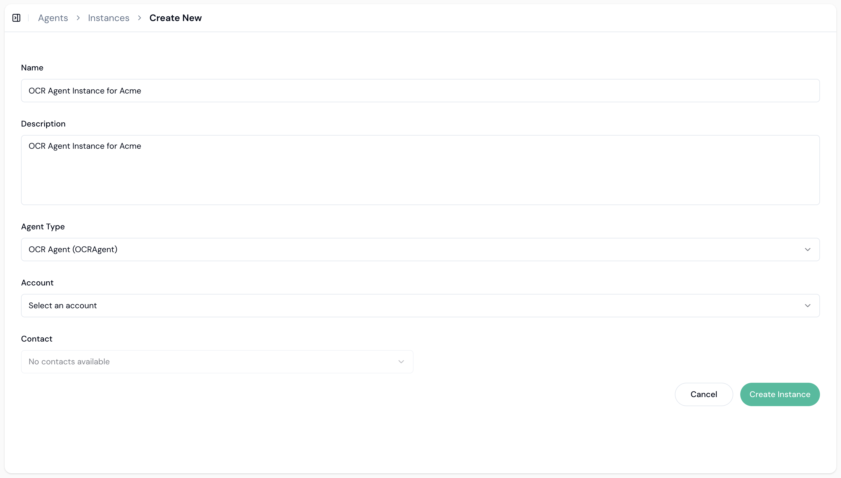 Create Agent Instance form