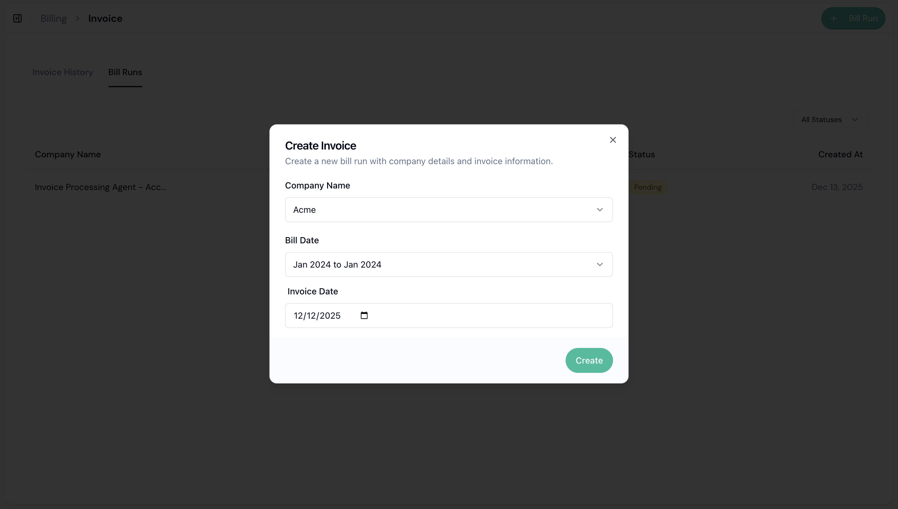 Create Invoice modal with company name, bill date, and invoice date fields