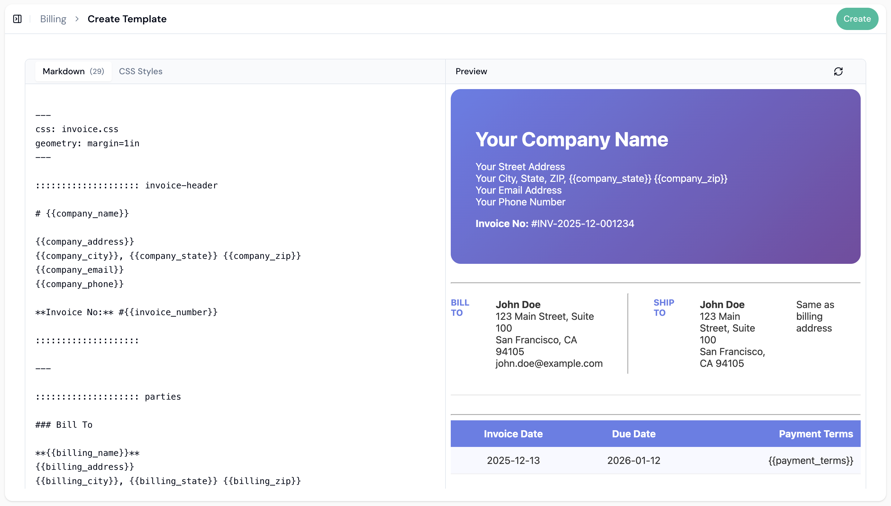 Invoice template editor with markdown on the left and preview on the right
