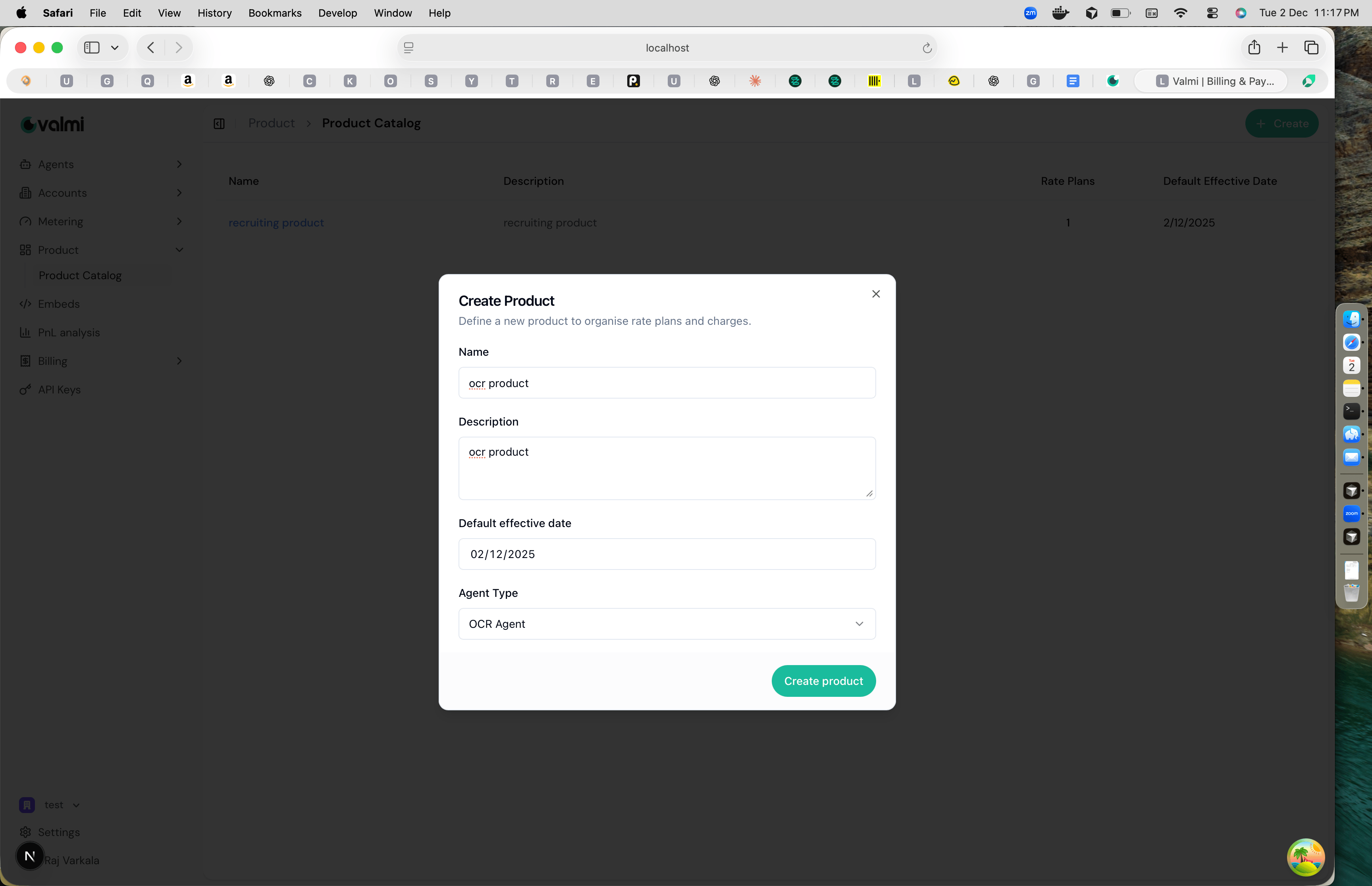 Create Product modal with product details form