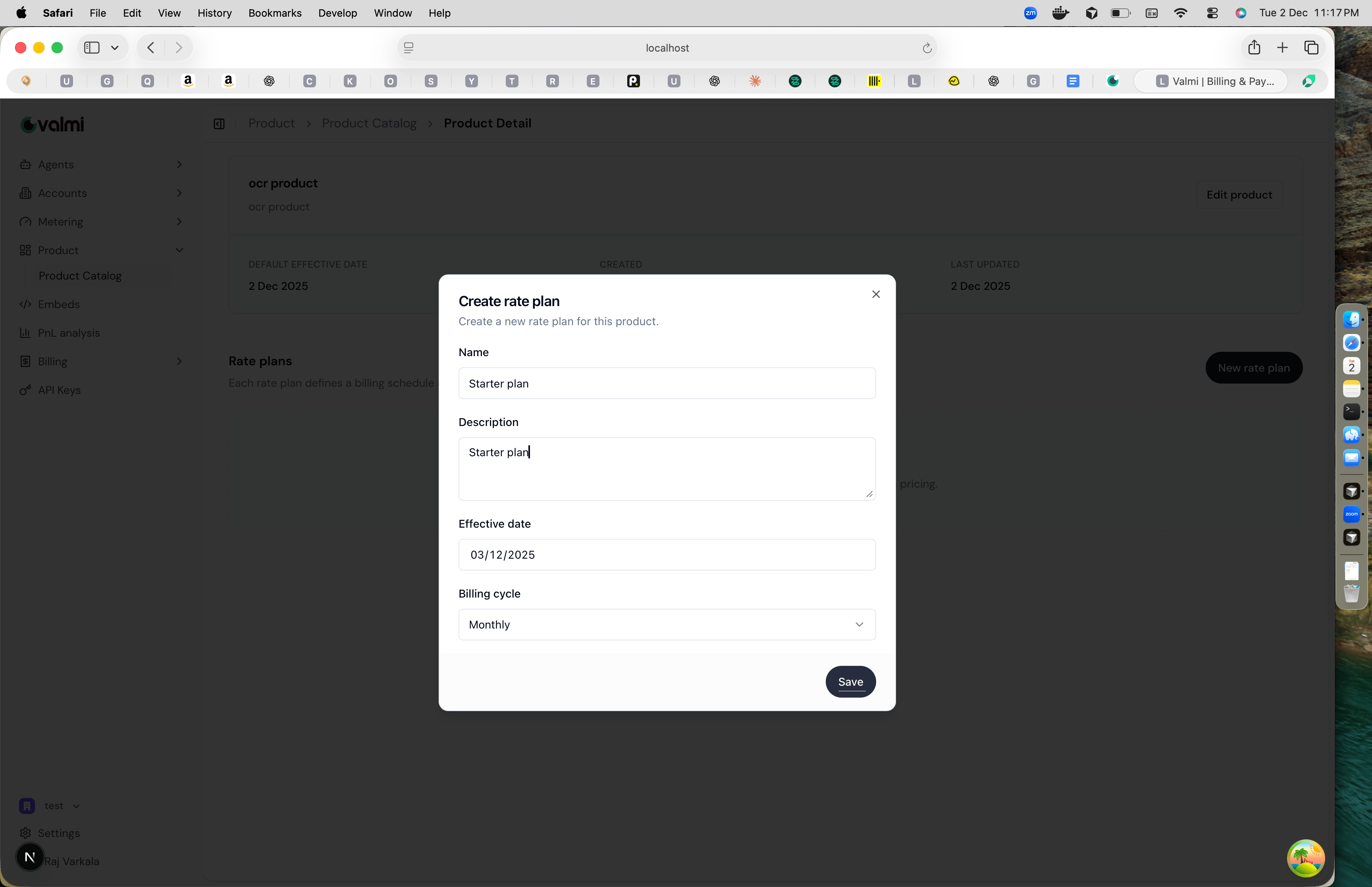 Create rate plan modal with plan details form