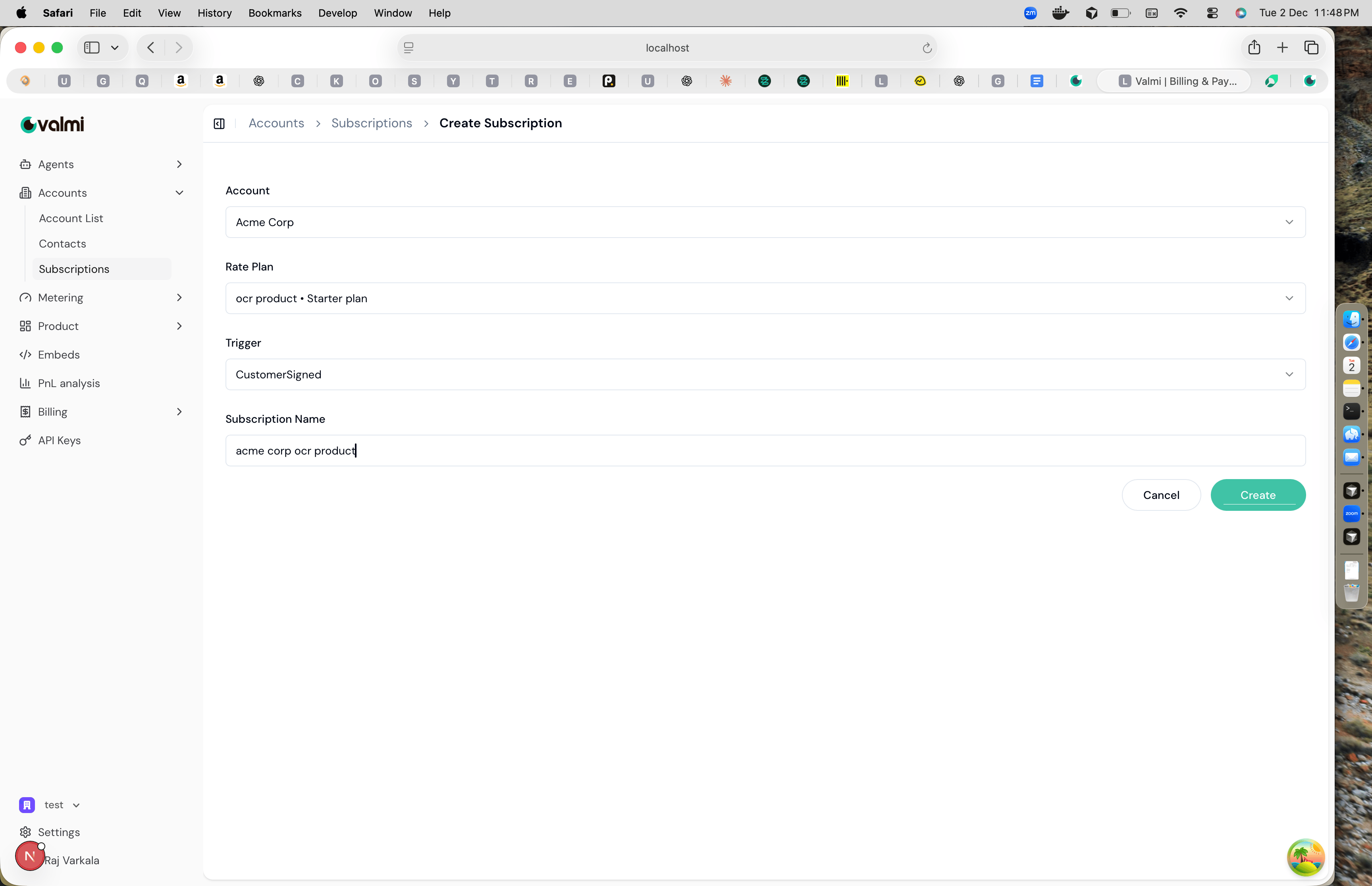 Create subscription form with account, rate plan, trigger, and name fields