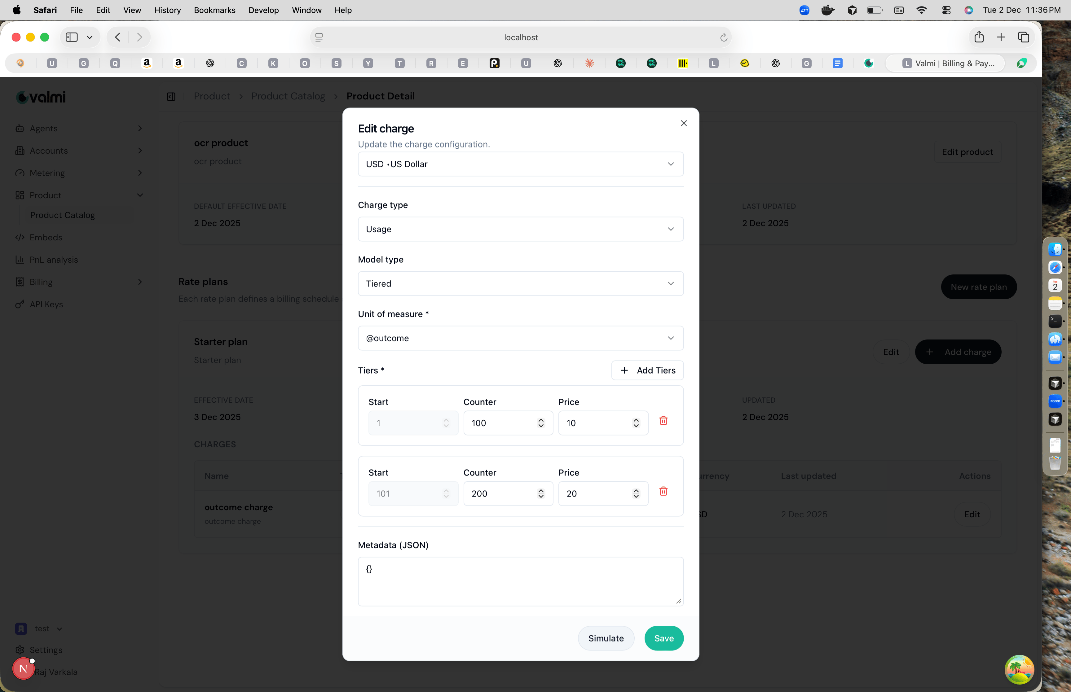 Edit charge modal with pricing configuration
