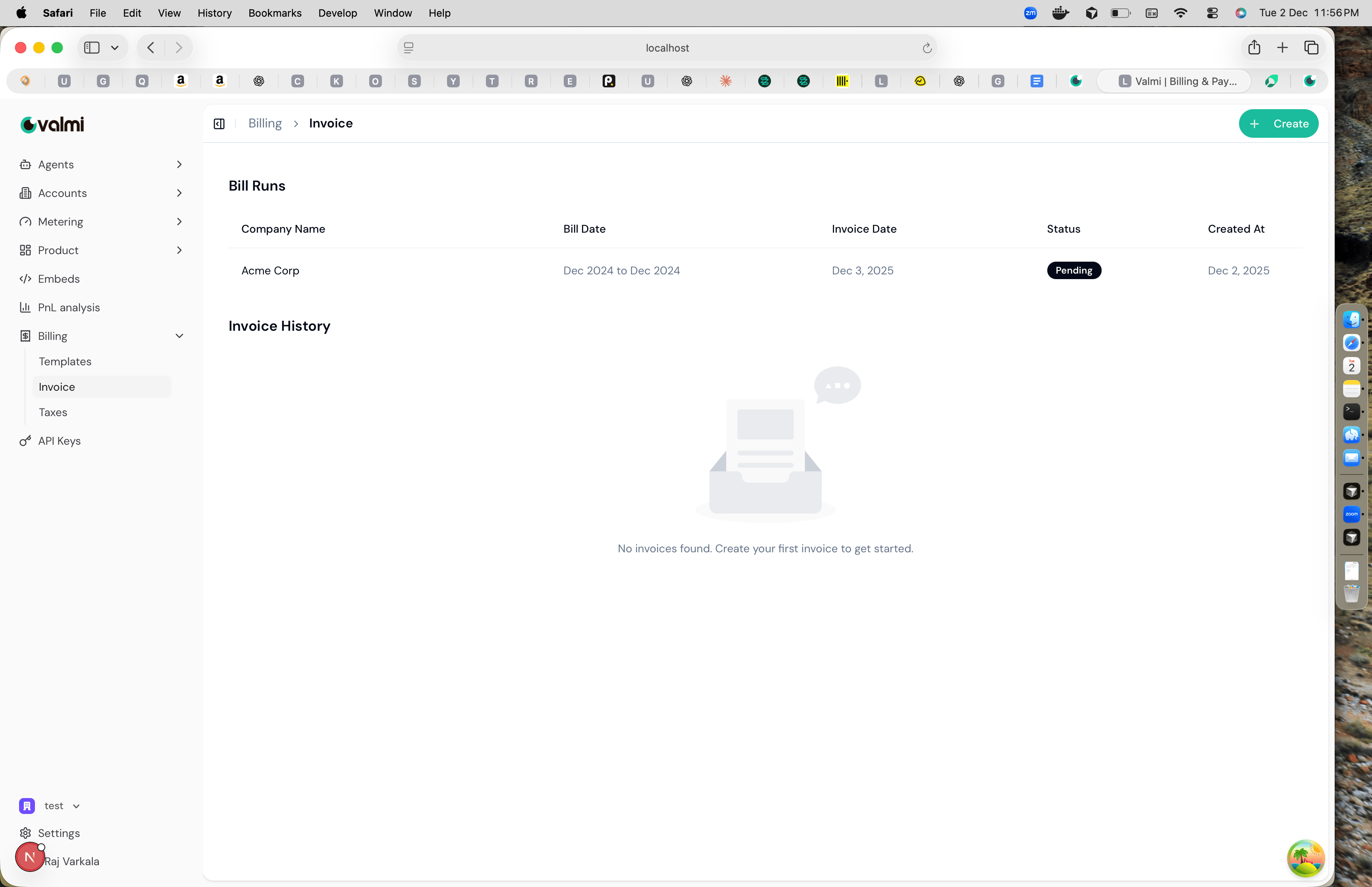 Invoice page showing bill runs table and invoice history section