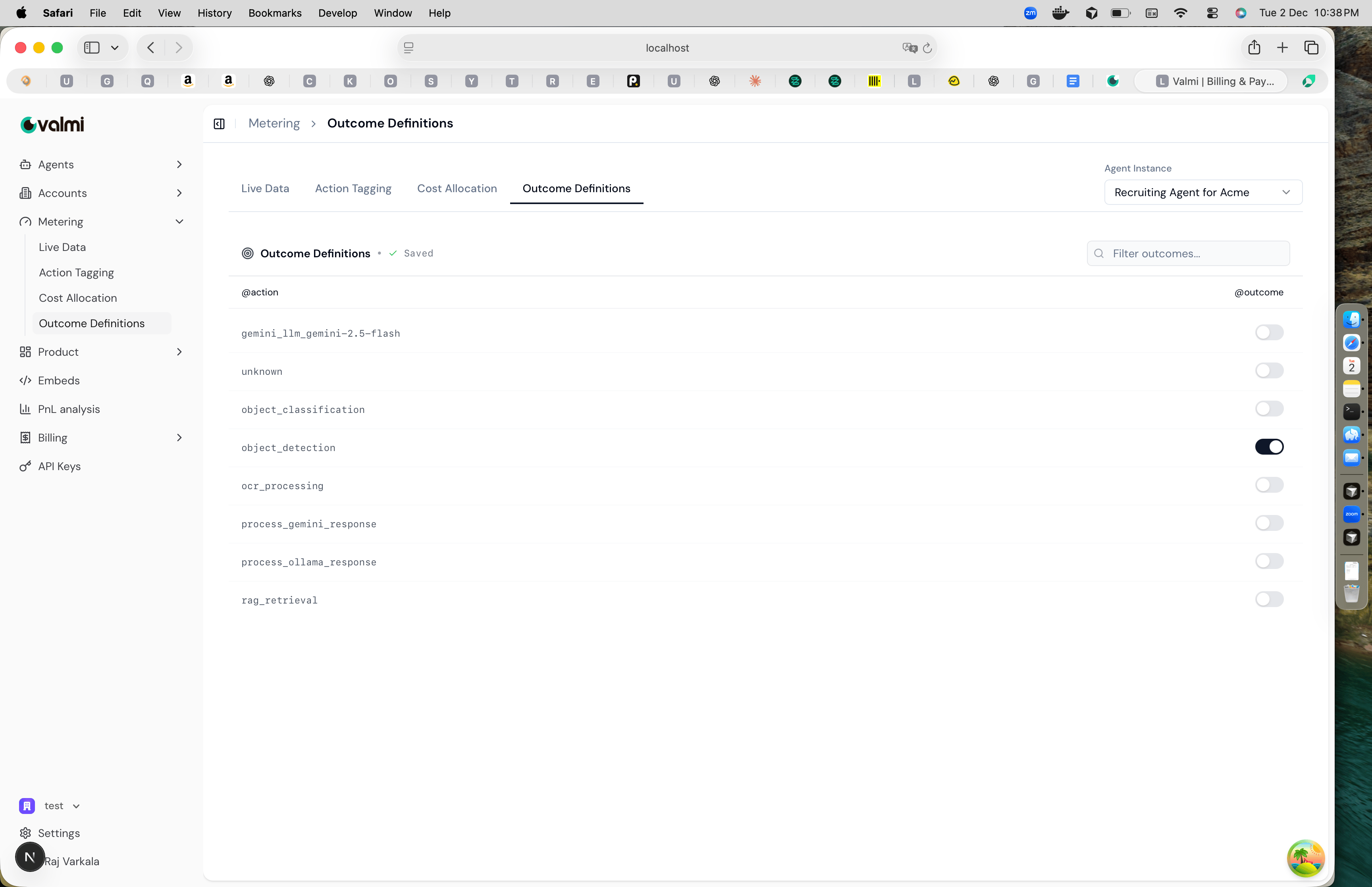 Outcome Definitions interface showing actions with outcome toggles