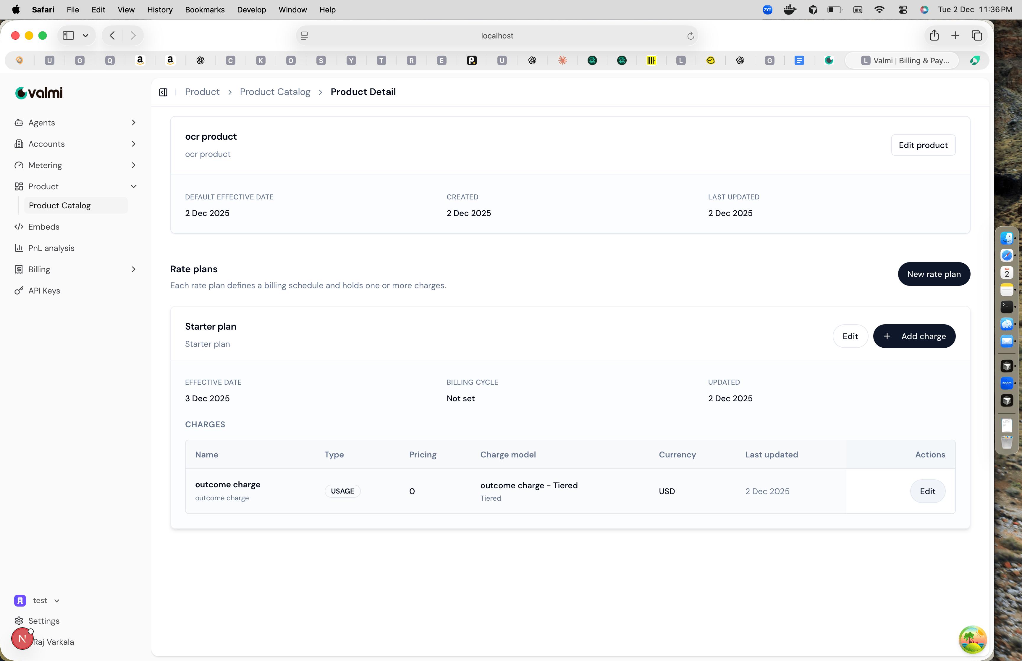 Product detail page showing rate plan with charges