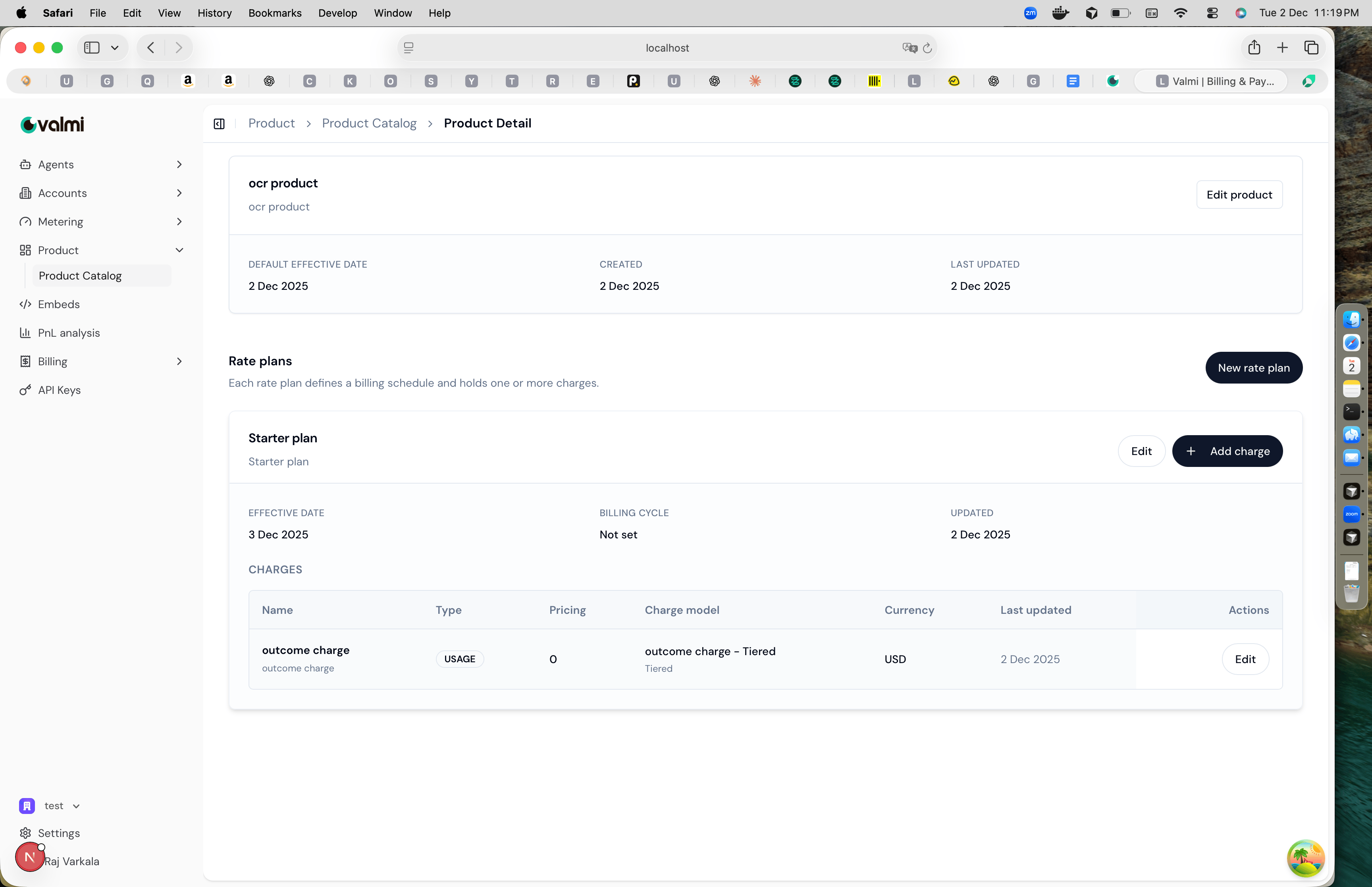 Product detail page showing rate plan with charge added
